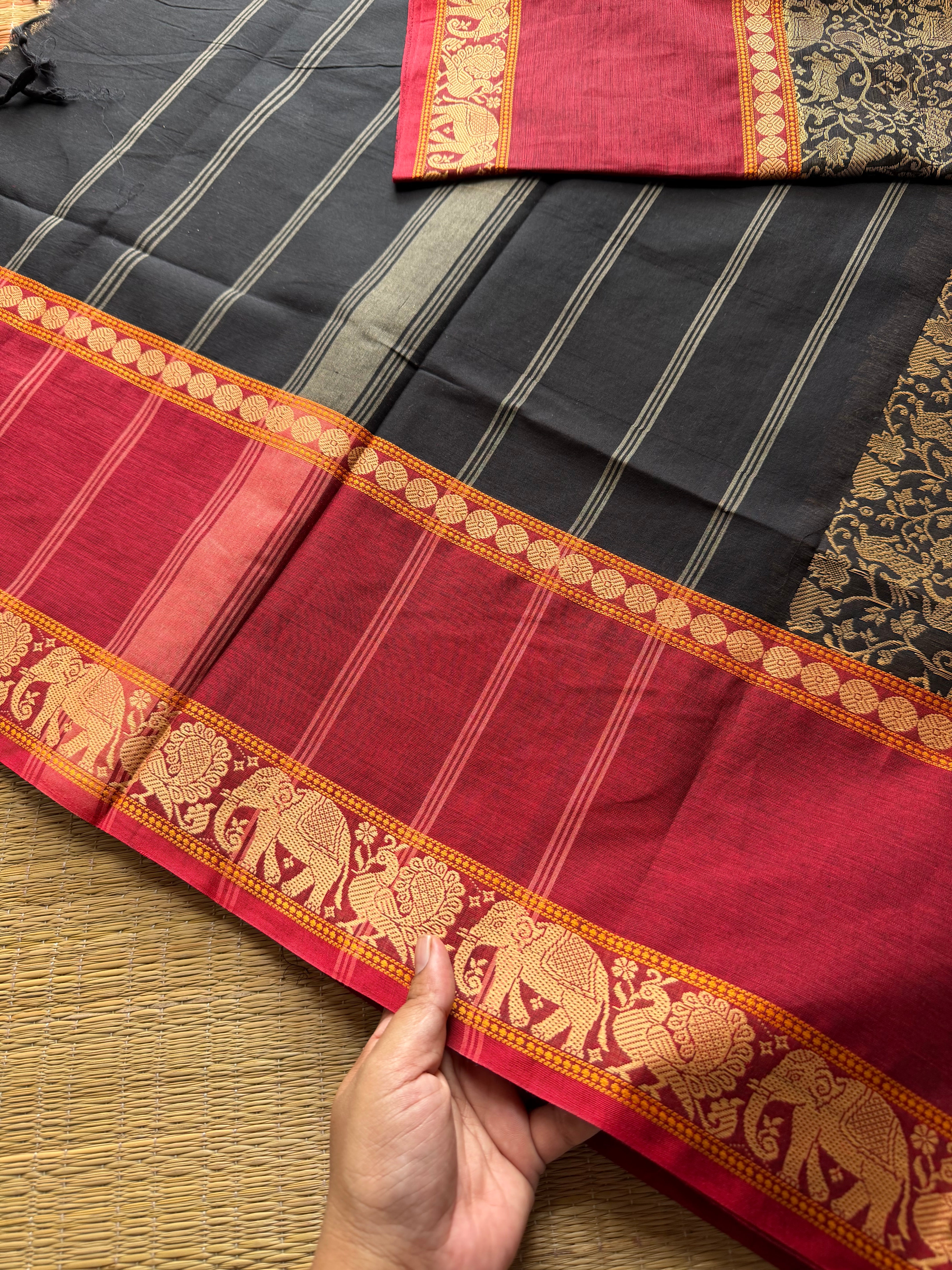 RF657 Premium & Exclusive Vanasingaram Kanchi Cotton saree ~ Black with Red
