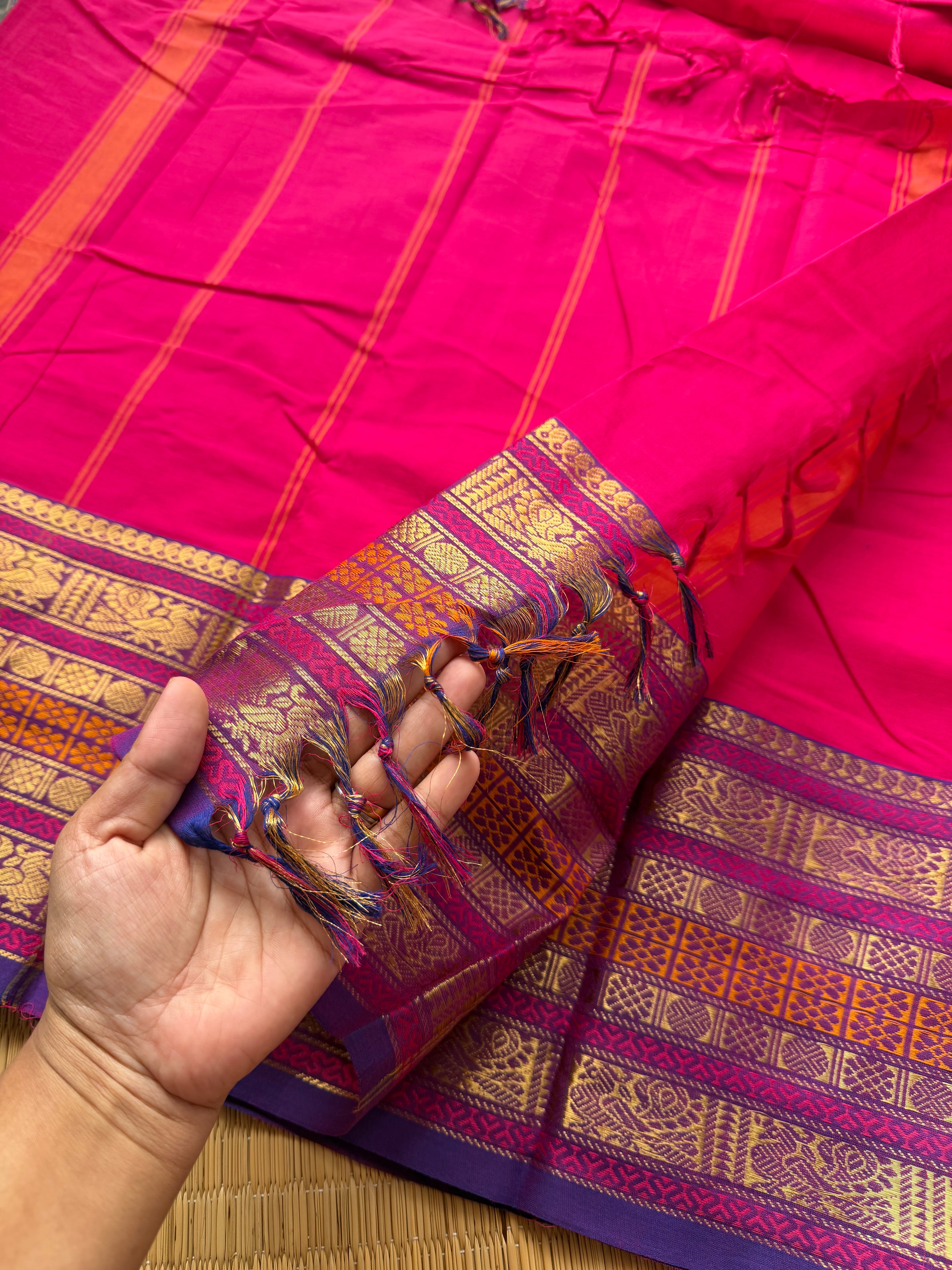 RF141 Deep pink shade Kanchi cotton saree with purple shade varisaipet border