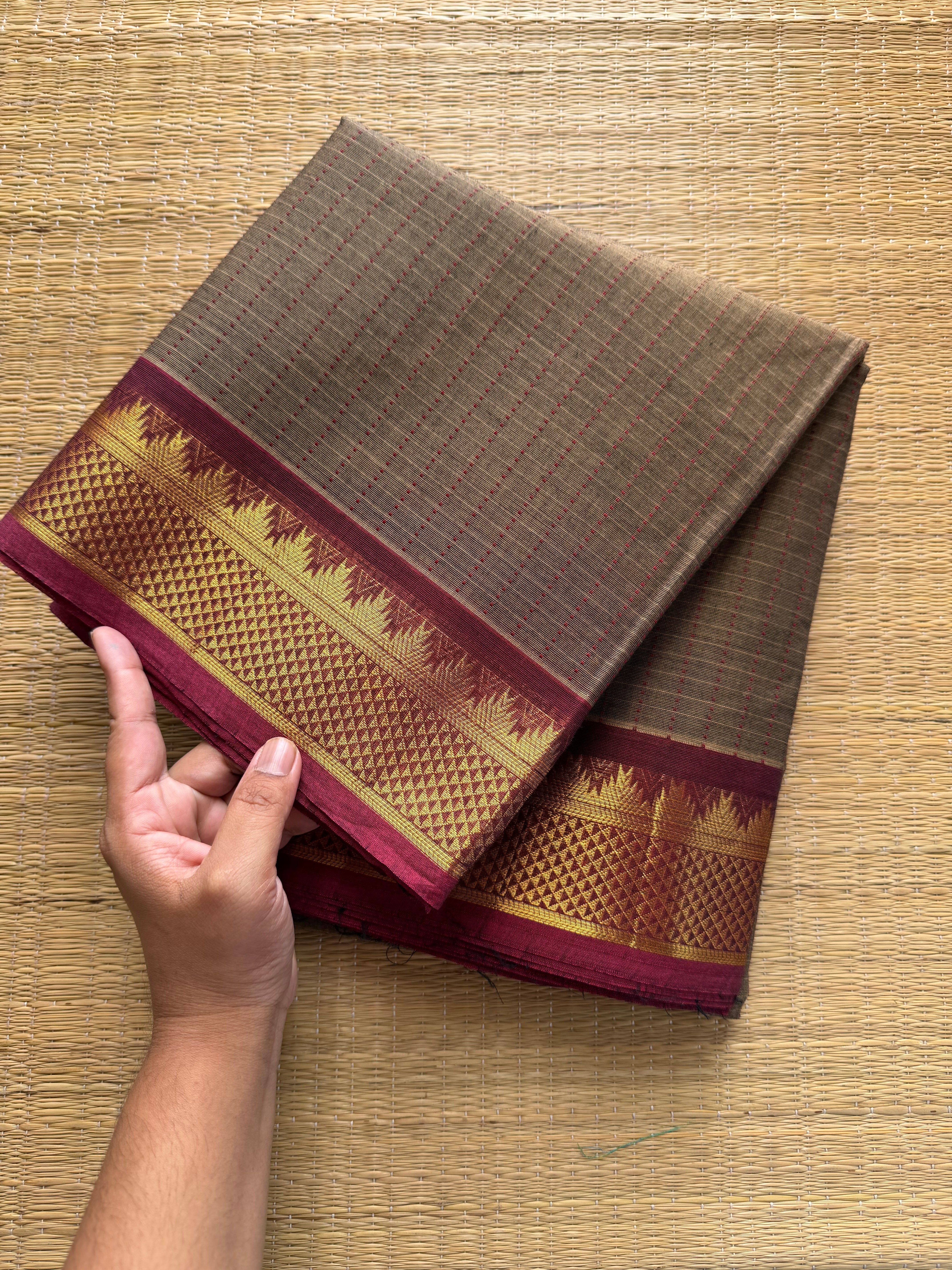 RF349 Grey with contrast small maroon zari small Thazhampoo border Kanchi cotton saree with rich Zari woven Pallu
