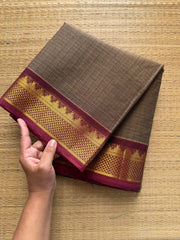RF349 Grey with contrast small maroon zari small Thazhampoo border Kanchi cotton saree with rich Zari woven Pallu