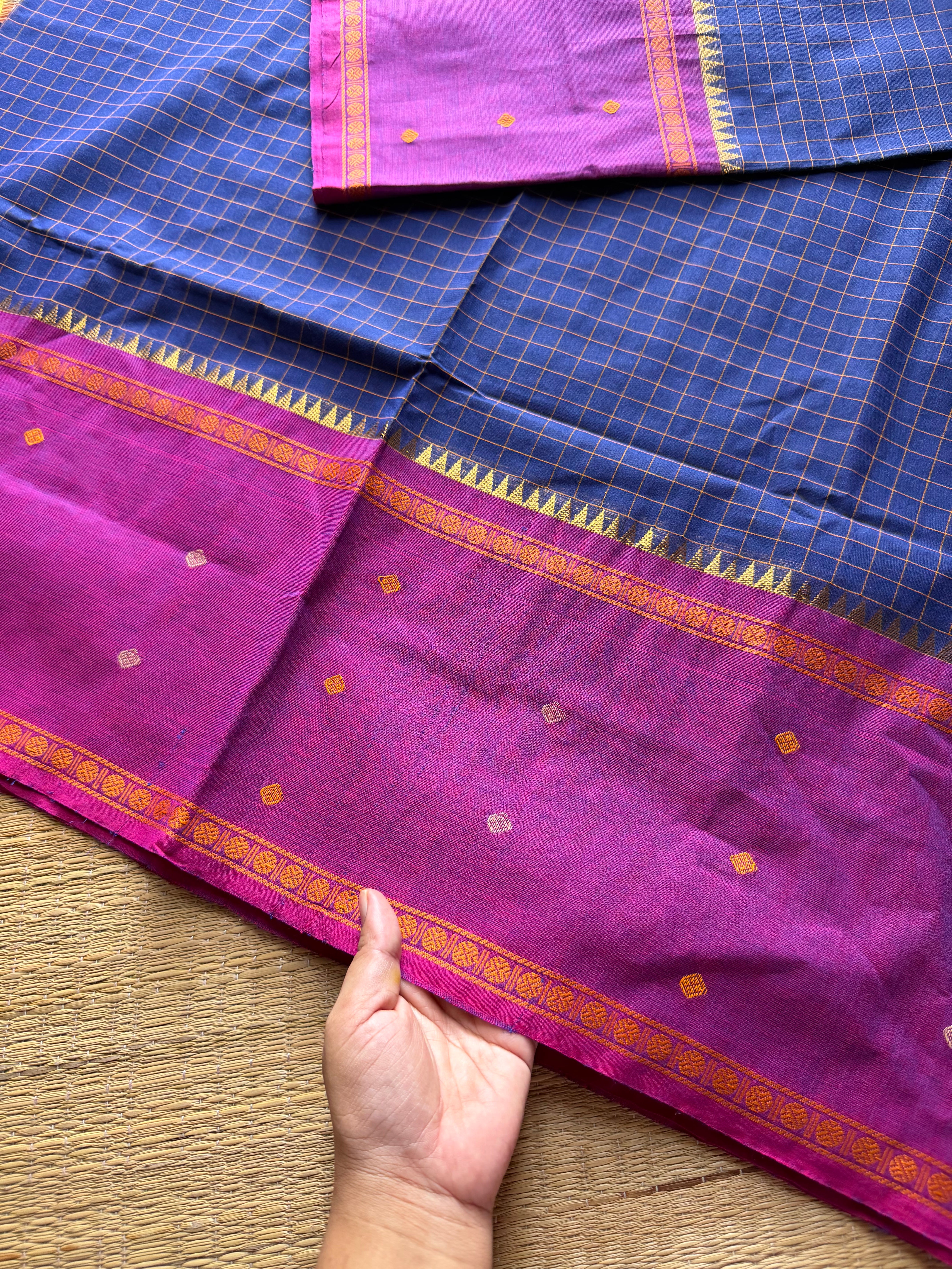 Blue with light purple combination Vintage Border Kanchi Cotton Saree With kattam / checks pattern & handwoven Buttas on the border