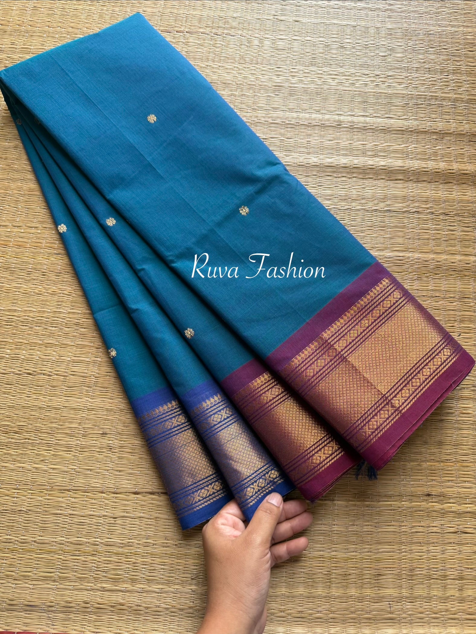 Peacock blue shade Kanchi cotton saree with Ganga Jamuna borders