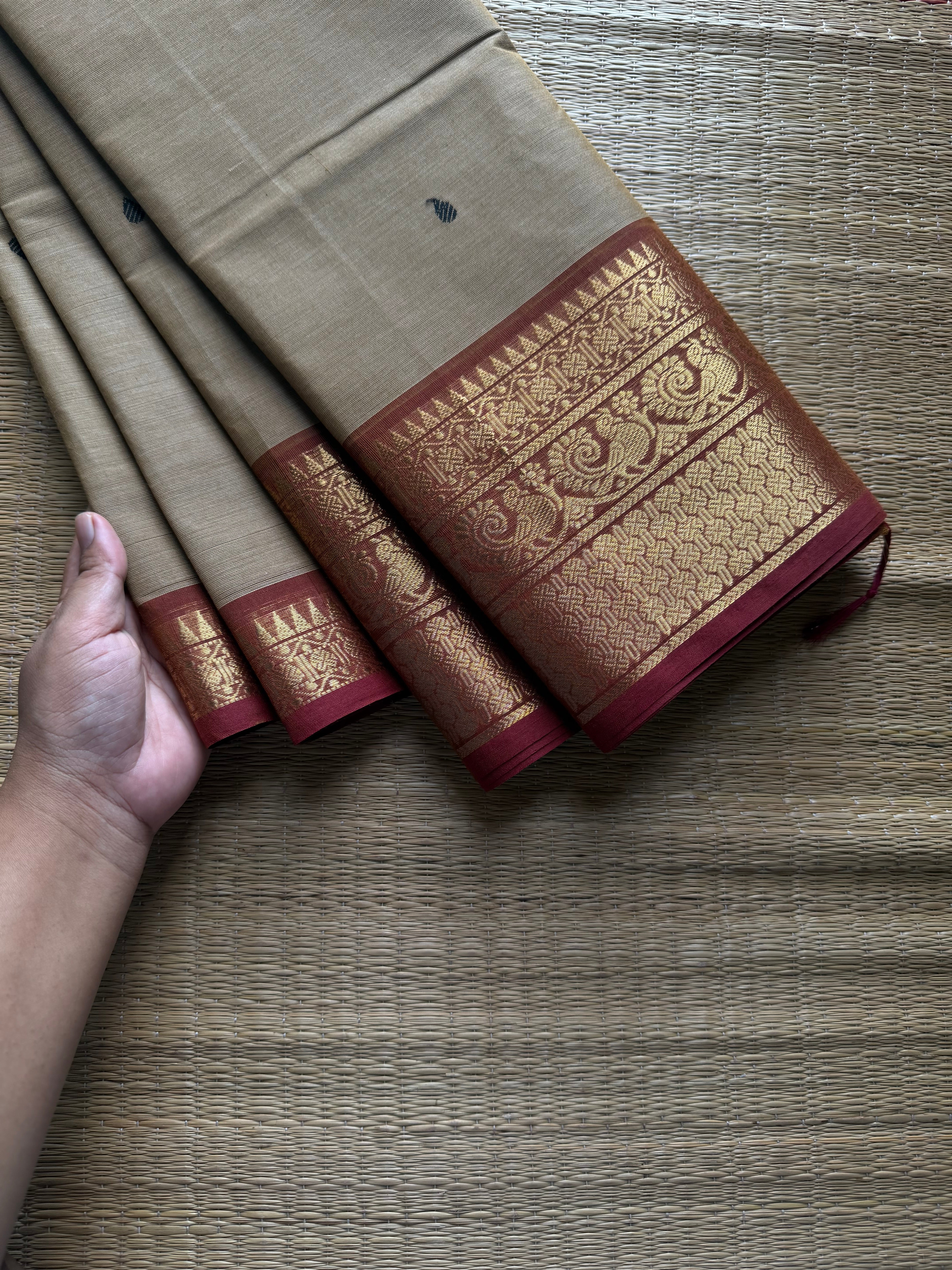 RF1019 Beige shade ~ Kanchi Cotton Saree with handmade thread buttas
