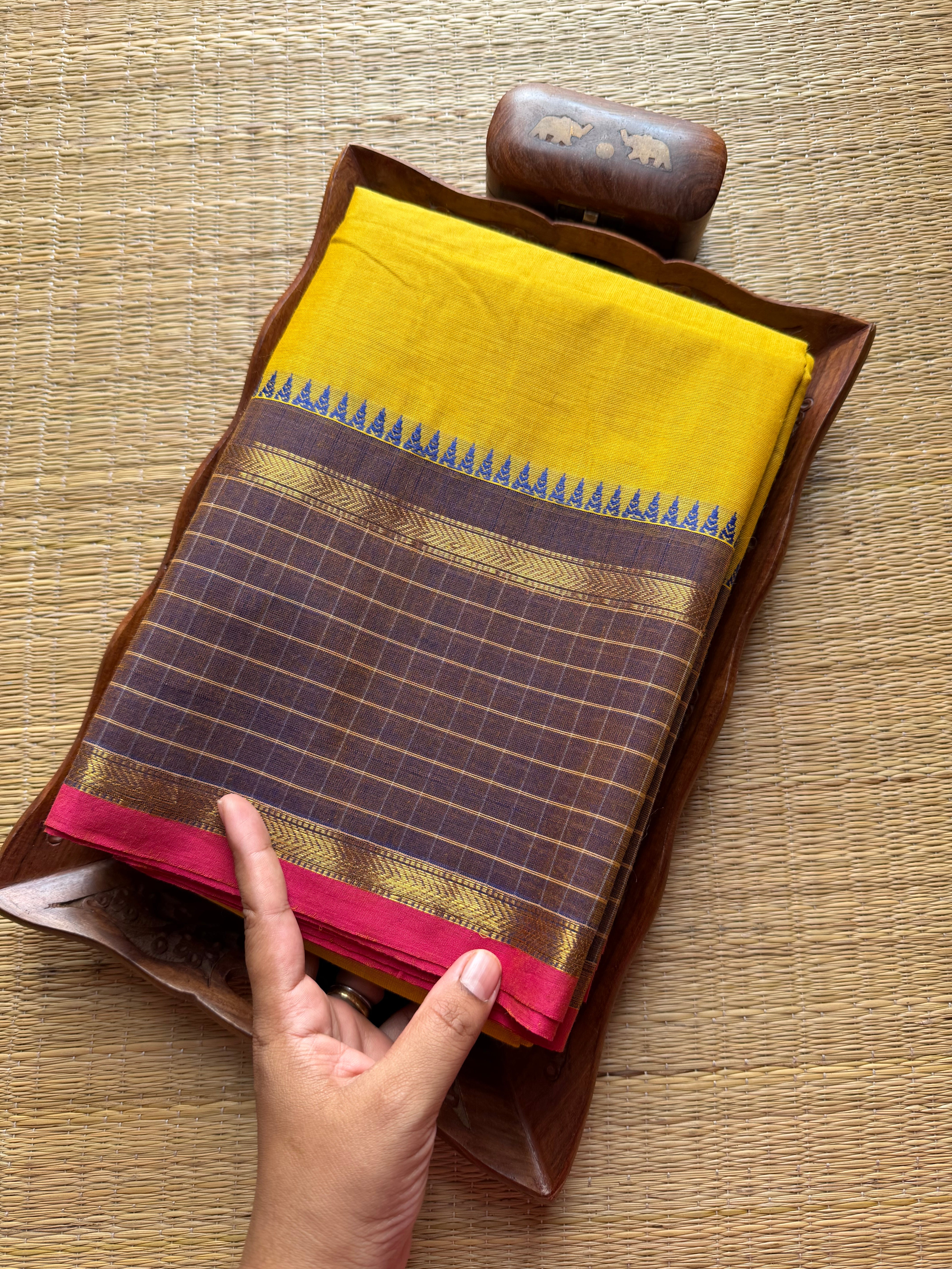 Mustard Yellow Vintage Checks Border Kanchi Cotton Saree