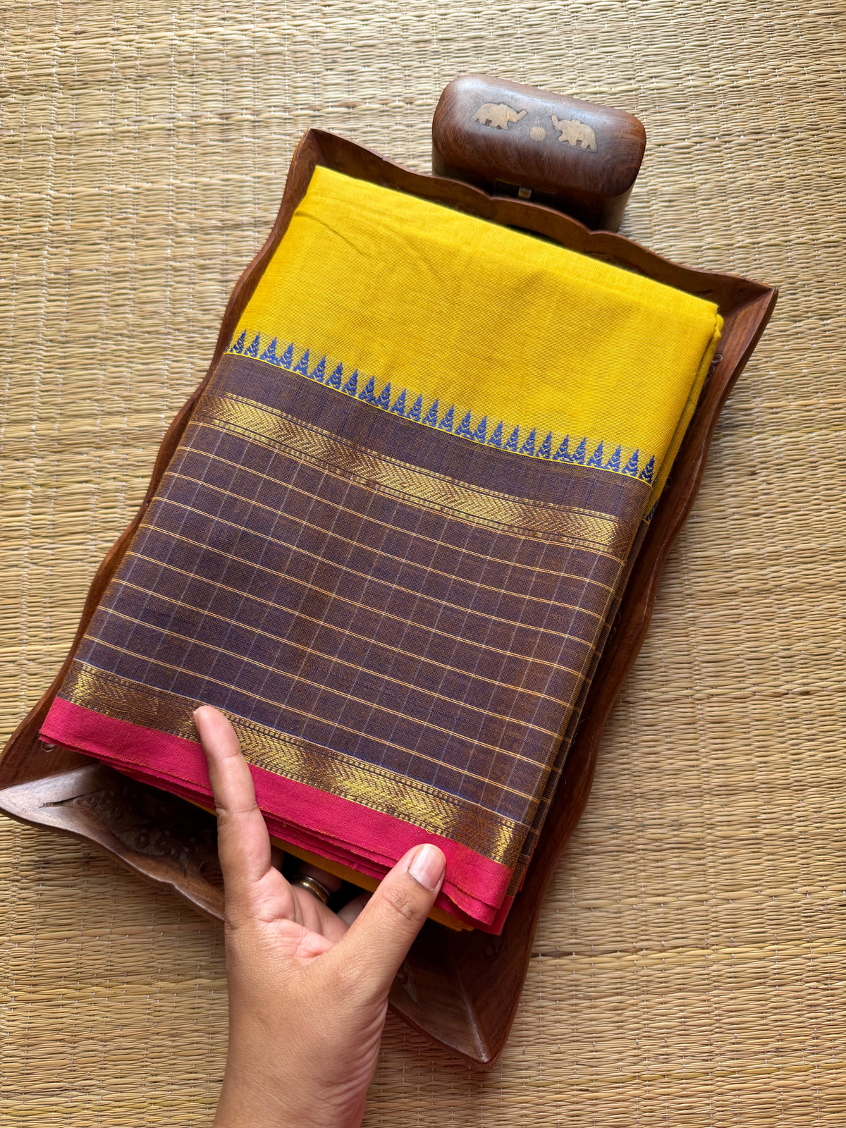 Mustard Yellow Vintage Checks Border Kanchi Cotton Saree