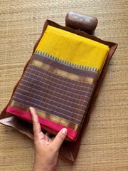 Mustard Yellow Vintage Checks Border Kanchi Cotton Saree