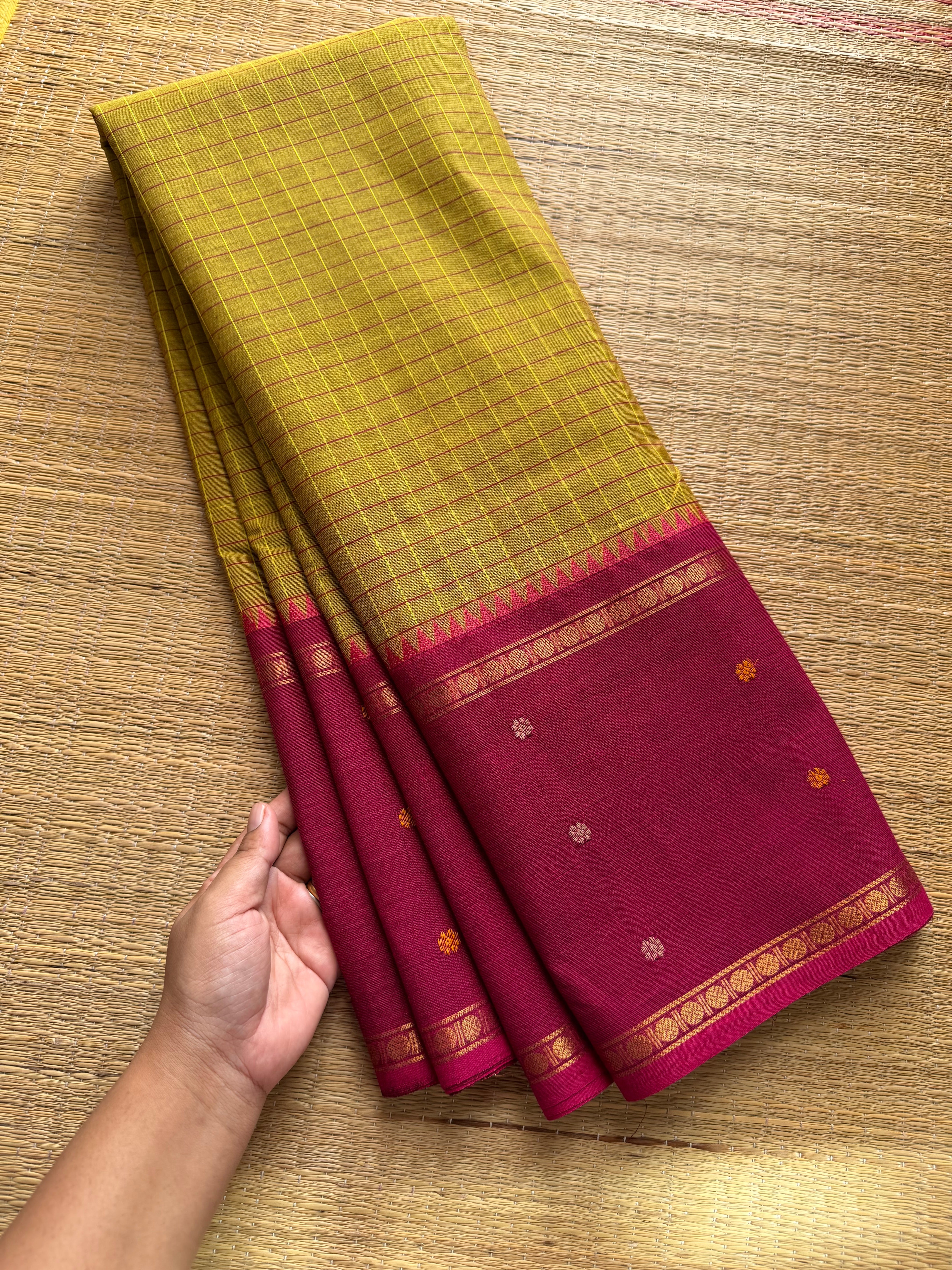 Dual tone green and yellow mixed shade with contrast pink combination Vintage l Border Kanchi Cotton Saree With kattam / checks pattern & handwoven Buttas on the border