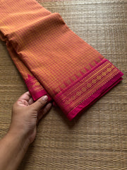 Podi Kattam ~ Dual tone orange shade pink combination small checks Kanchi cotton saree