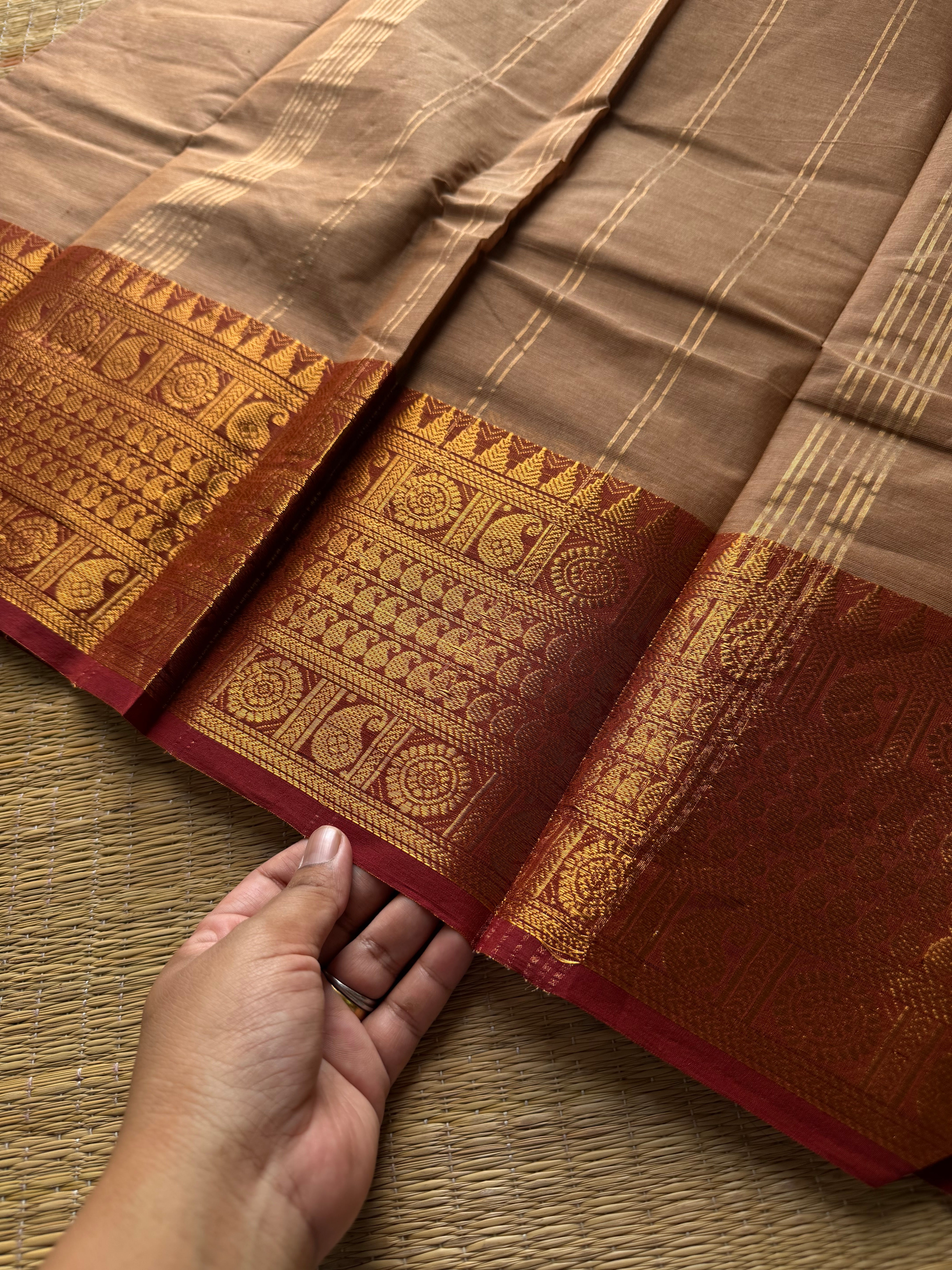 RF813 Beige shade Kanchi cotton saree with contrast mango pattern Zari border