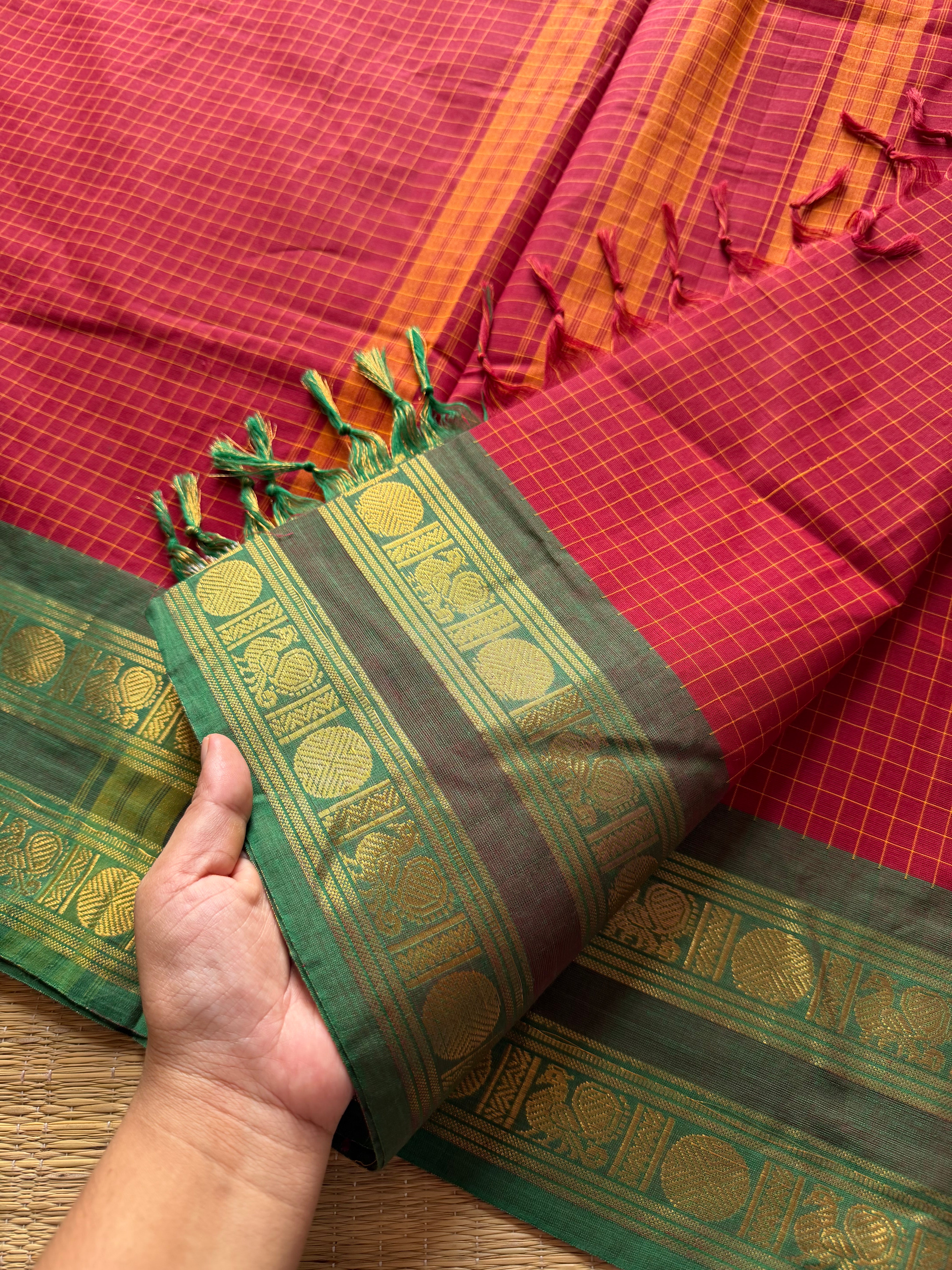 RF302 Reddish maroon shade with & Green Combination Kattam / Checks Pattern Kanchi Cotton Saree