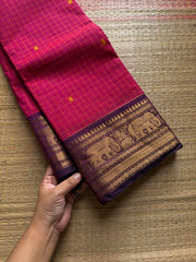 RF736 Kattam edition ~ Magenta pink shade Kanchi cotton saree with checks pattern & handmade thread buttas