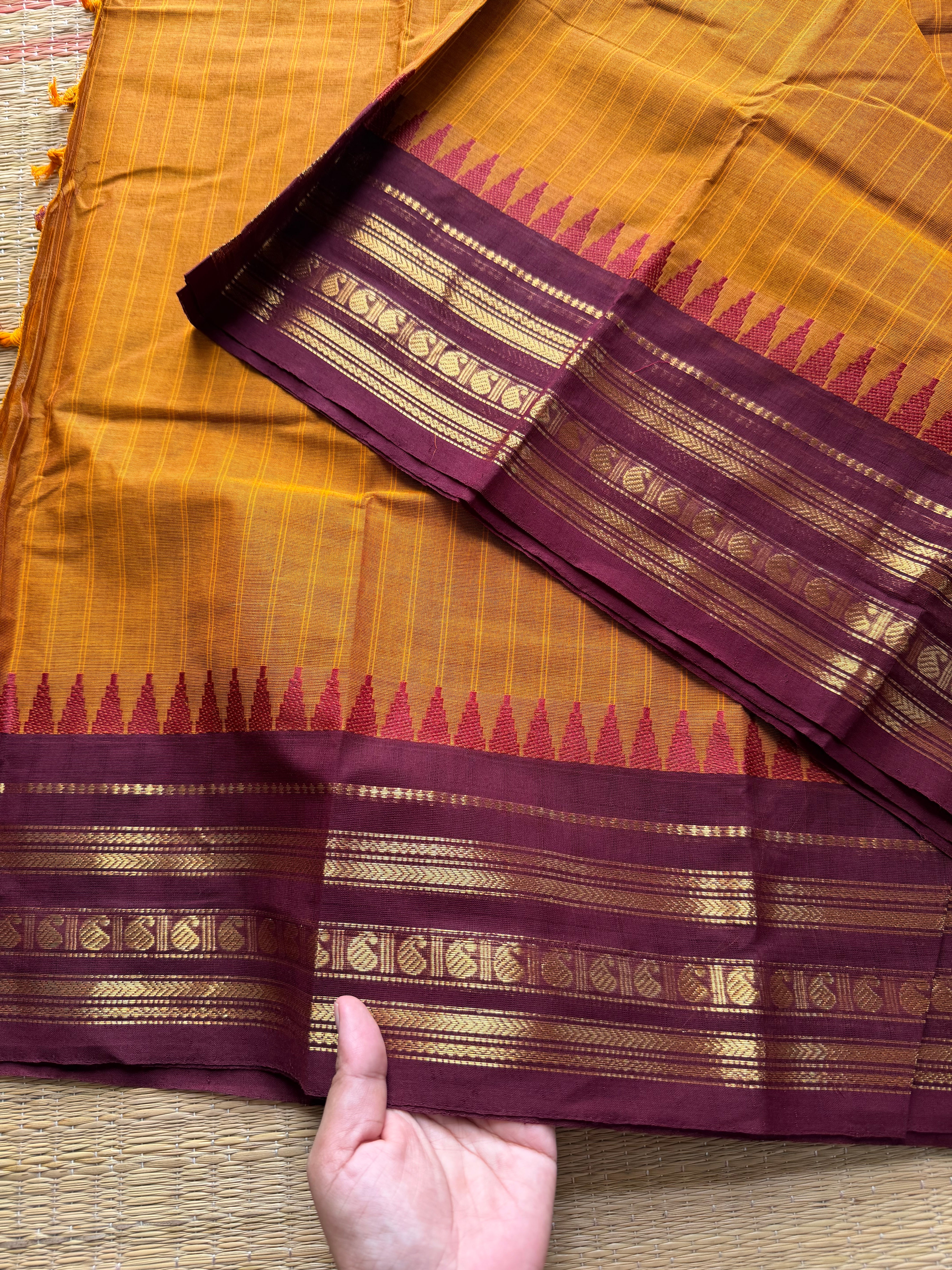 RF298 Dual tone orange with maroon combination Kanchi cotton saree with vertical striped pattern & mango Zari border