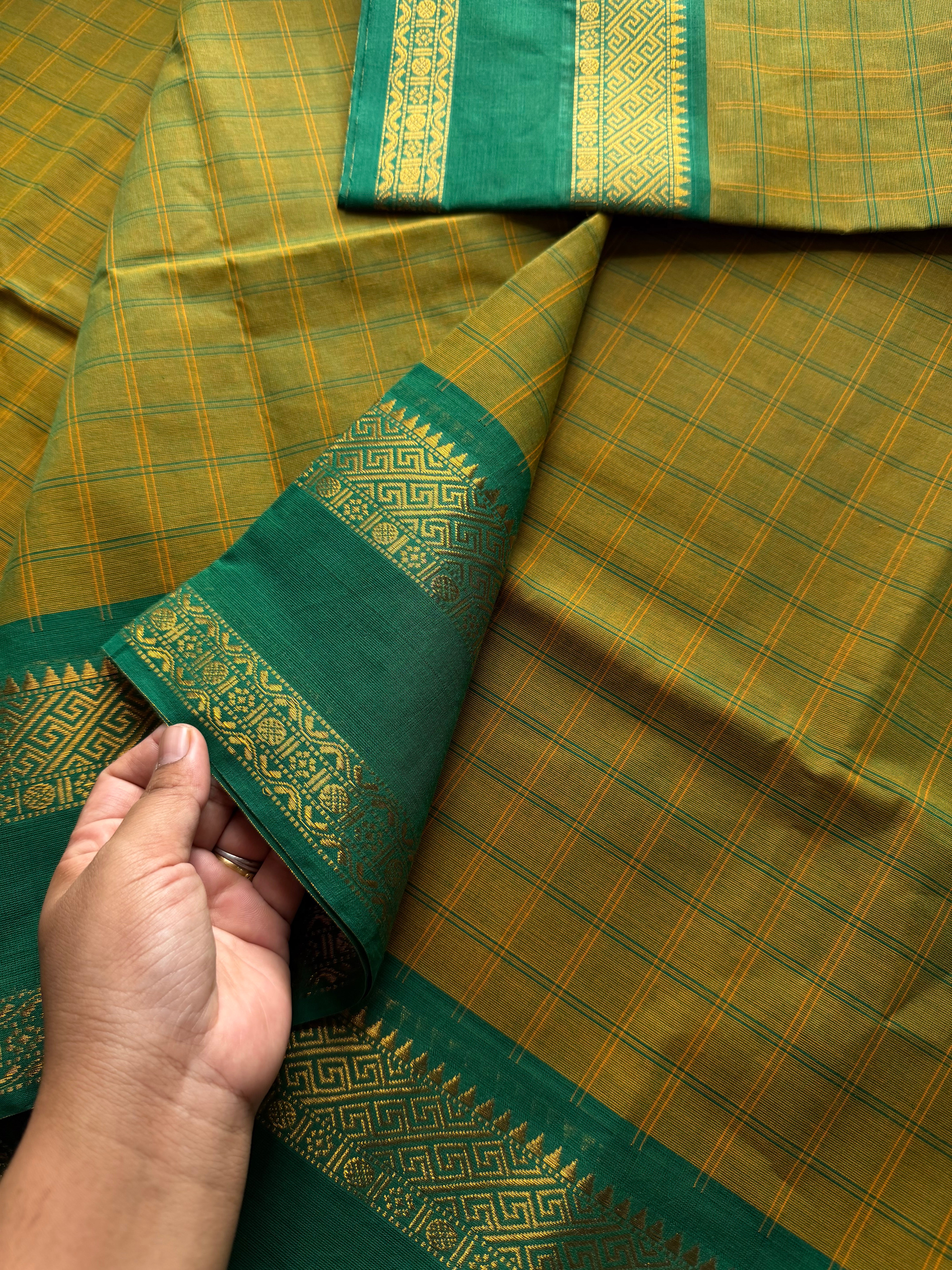 RF581 Methi Green shade checks / kattam pattern Kanchi Cotton Saree