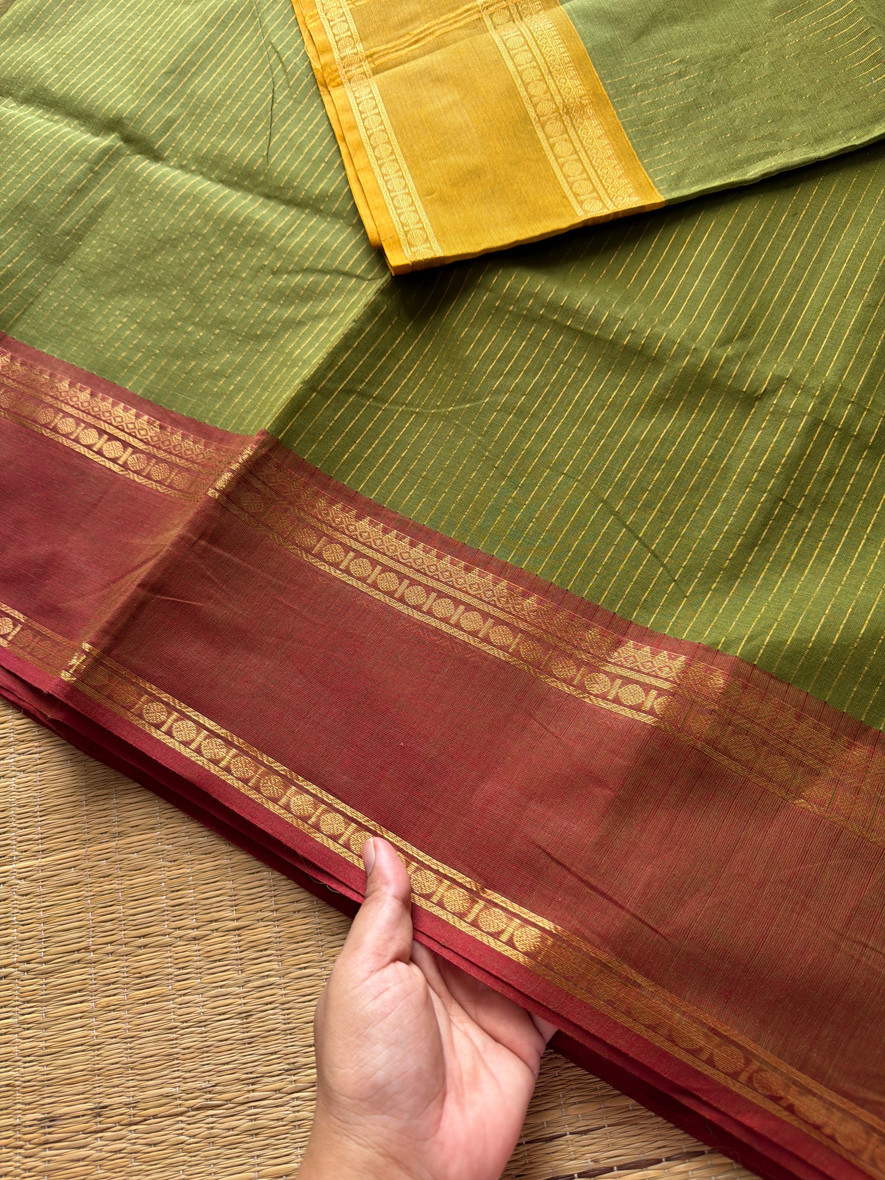 RF625 Pastel Methi Green shade Ganga Jamuna border Kanchi cotton saree with fully golden Vaira Oosi pattern