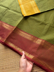 RF625 Pastel Methi Green shade Ganga Jamuna border Kanchi cotton saree with fully golden Vaira Oosi pattern
