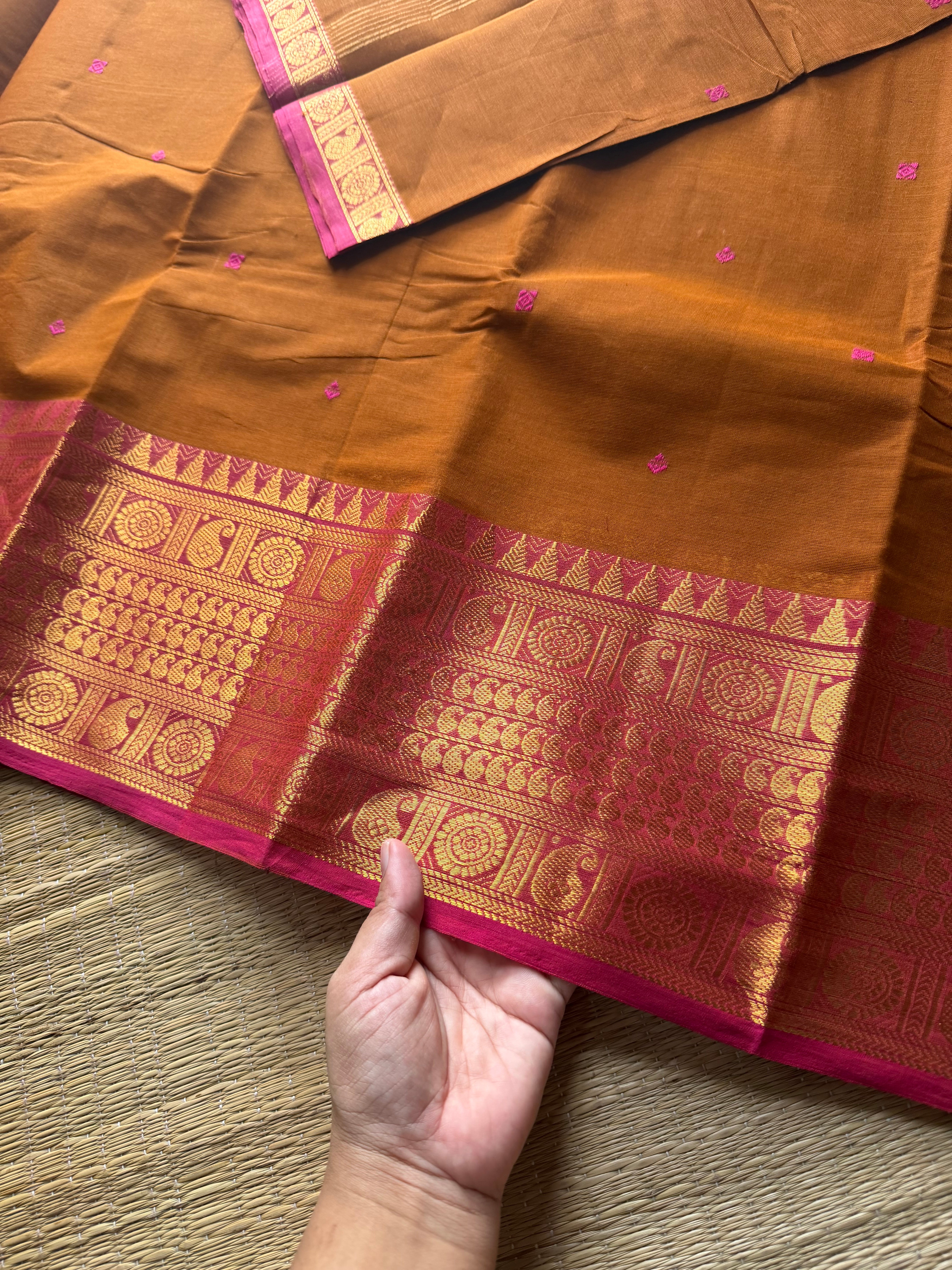 RF583 Rustic orange shade with pink combination mango pattern Kanchi cotton saree with handmade thread buttas