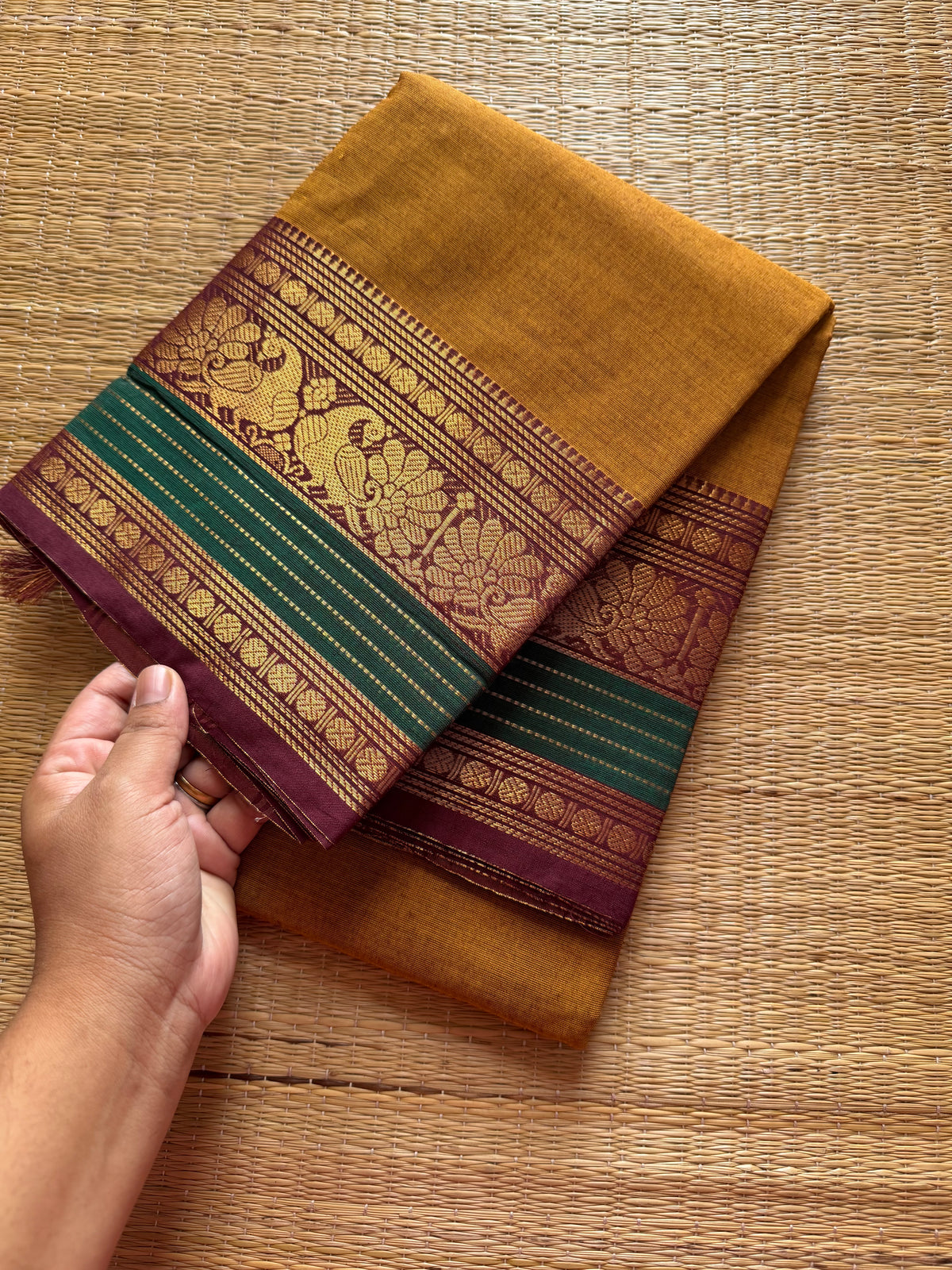 RF179 Mustard with contrast brown and green peacock pattern Kanchi cotton saree