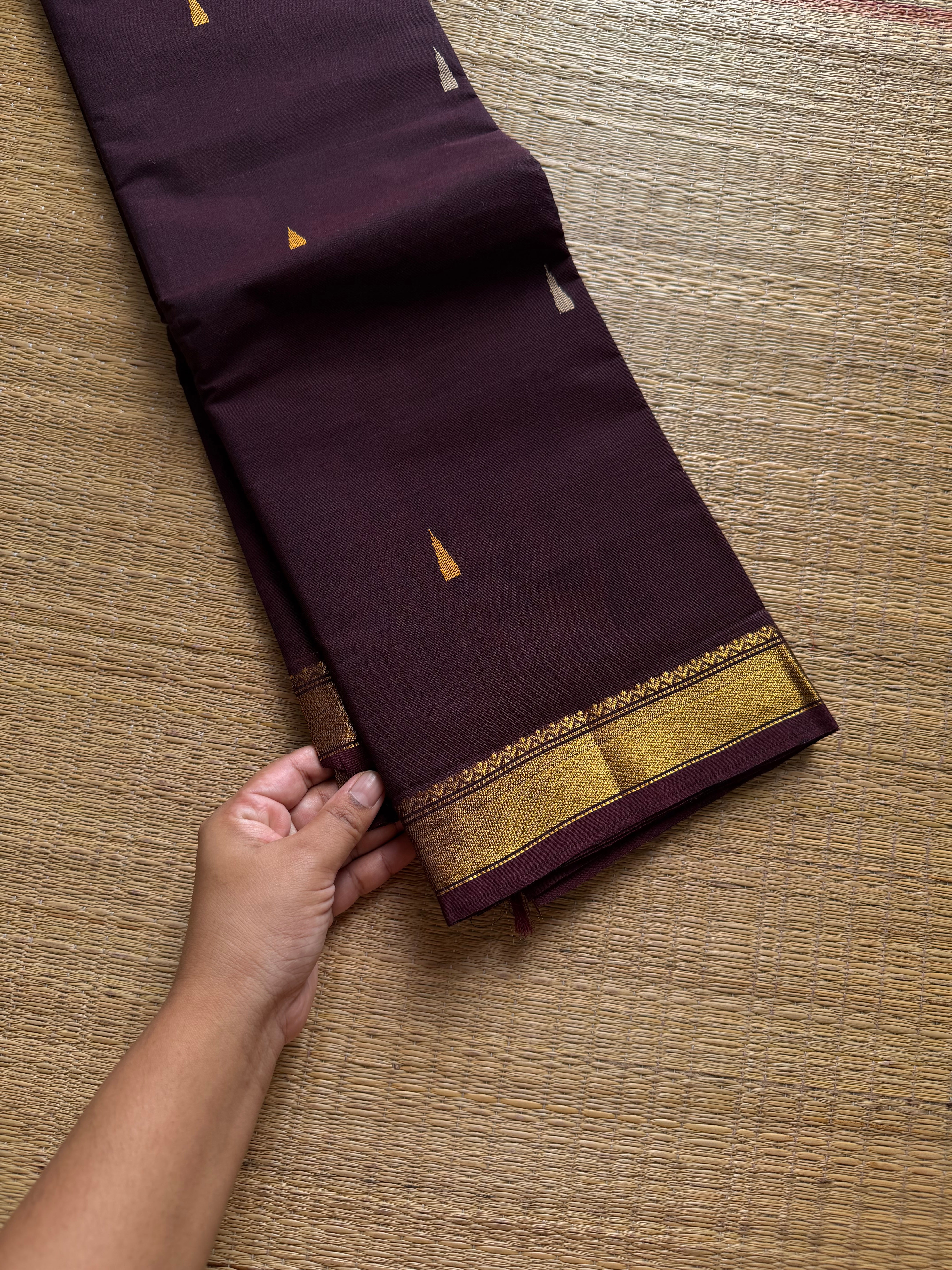 RF1404 Monotone deep coffee brown ~ Small border Kanchi cotton saree with handmade thread buttas