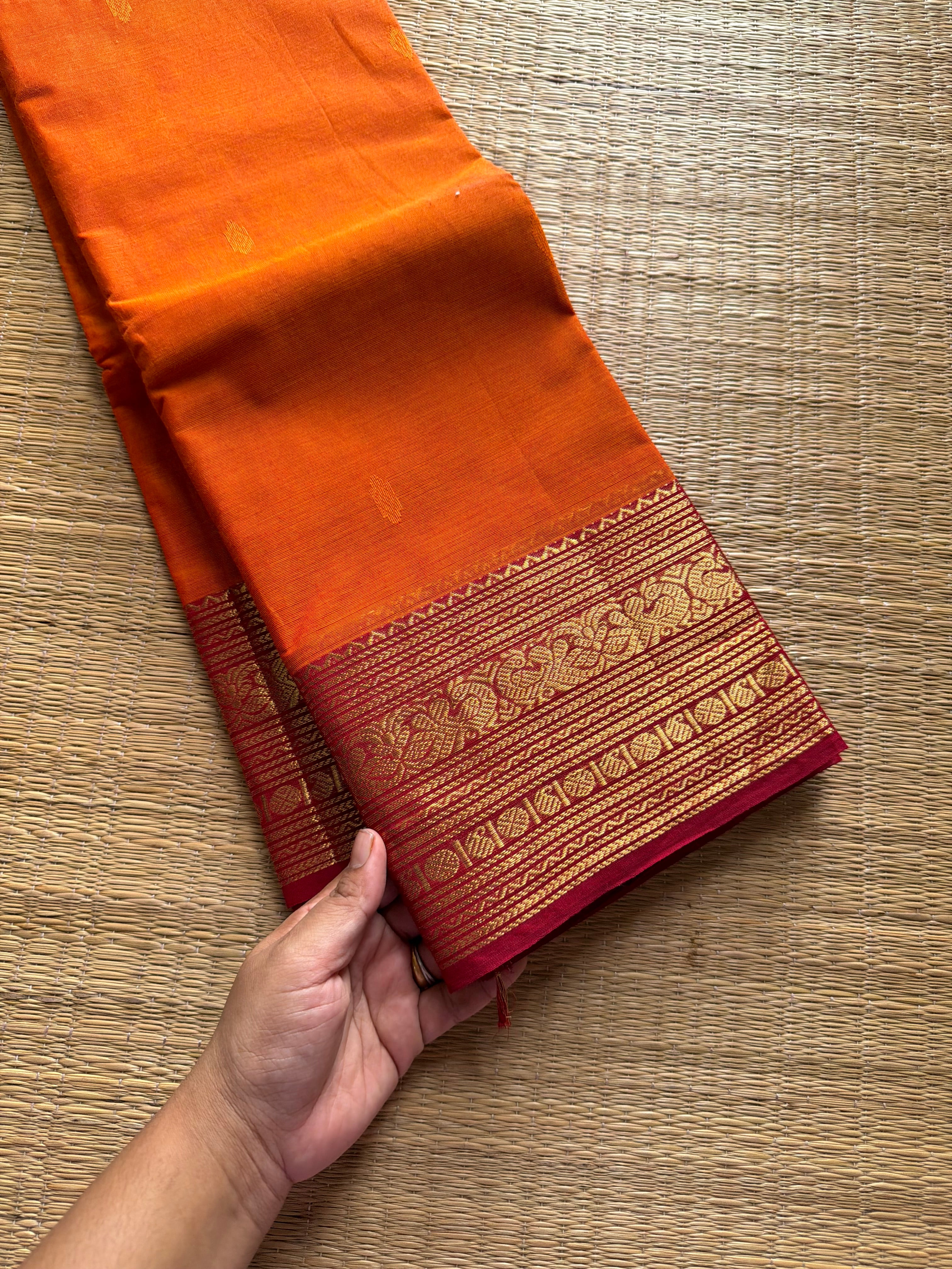 RF610 Dark orange with maroon combination Kanchi cotton saree with handmade thread buttas