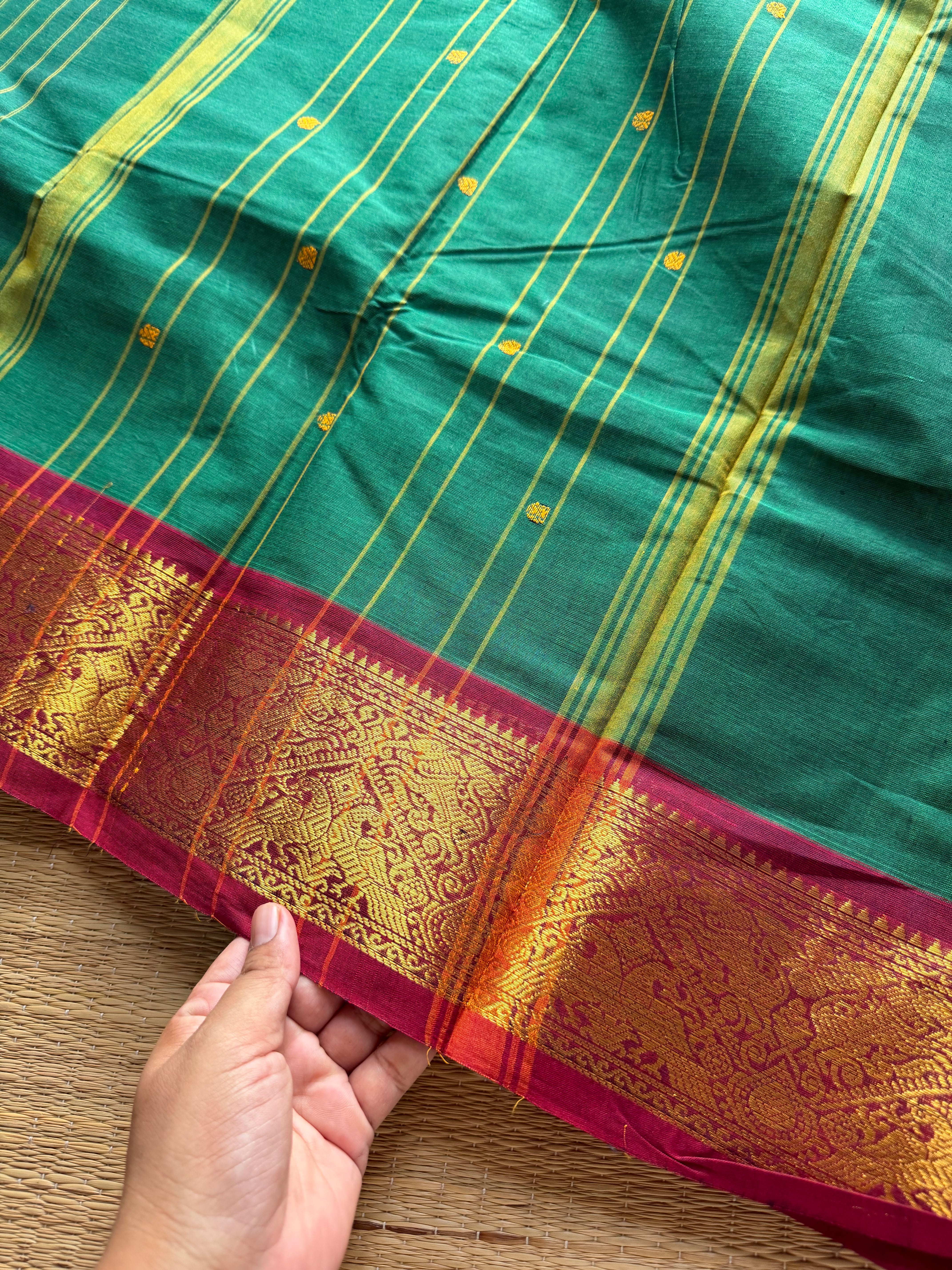 RF296 Bottle green with maroon combination Kanchi cotton saree with Vanasingaram pattern border & handmade thread Buttas