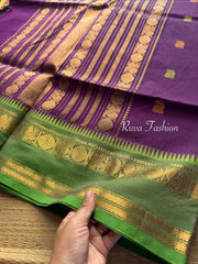 Purple with Green Combination Premium Kanchi Cotton saree With intricate Rich Zari woven Pallu and handmade Buttas