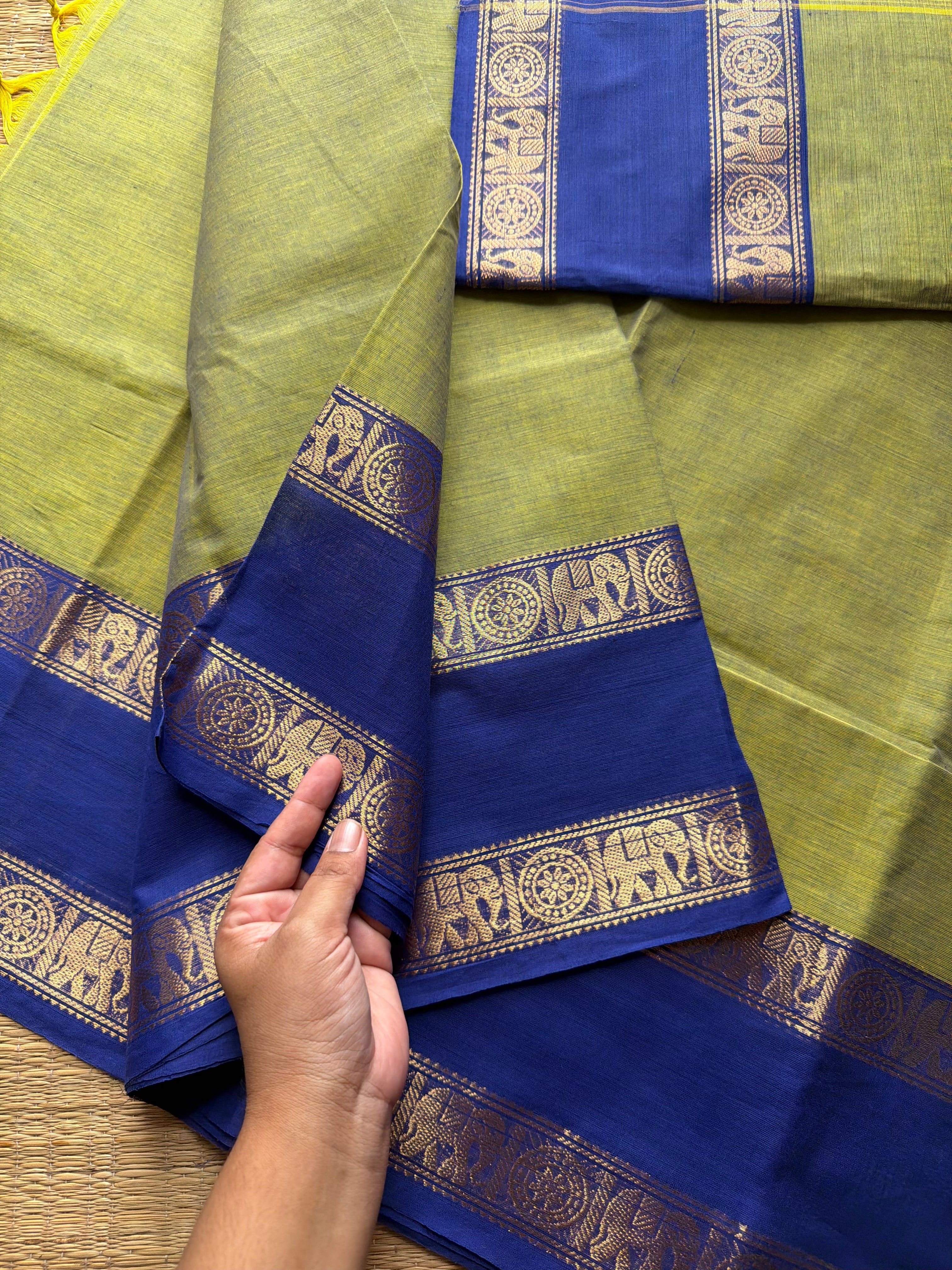 RF687 Dual tone Apple green with royal blue combination gap border Kanchi cotton saree
