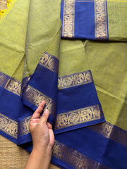 RF687 Dual tone Apple green with royal blue combination gap border Kanchi cotton saree