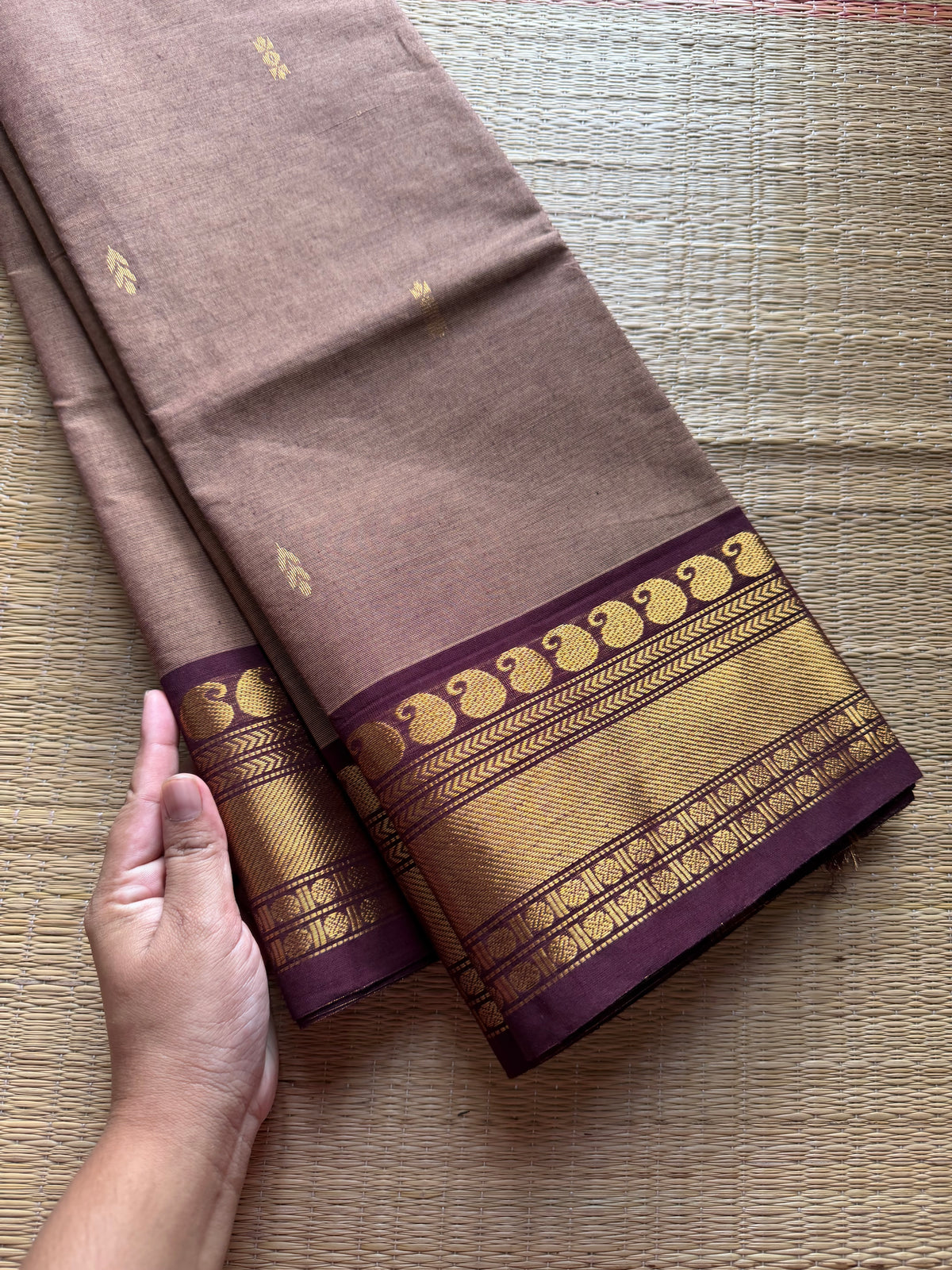 Biscuit shade with brown  combination Kanchi cotton saree with handmade golden Zari Buttas