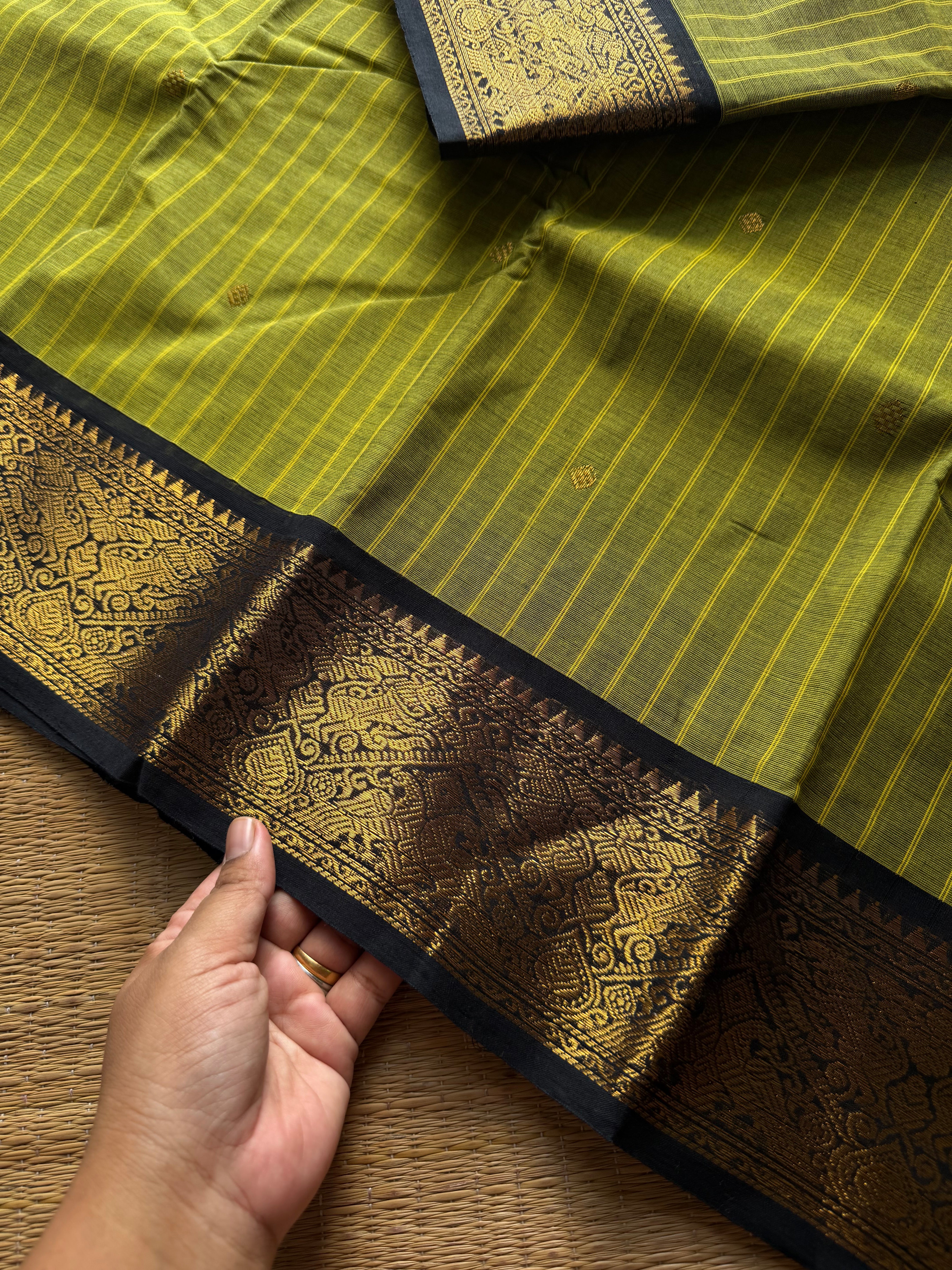RF1408 Green with black ~ Vanasingaram border Kanchi cotton saree with handmade thread buttas