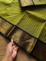 RF1408 Green with black ~ Vanasingaram border Kanchi cotton saree with handmade thread buttas