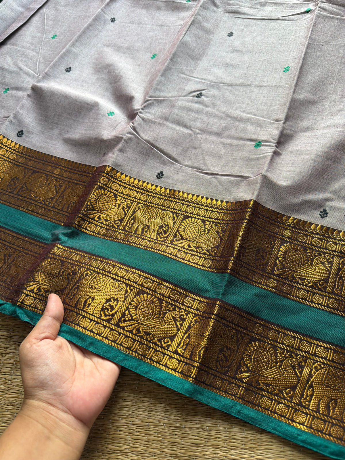 RF306 Grey with contrast teal green combination Rettapet border Kanchi cotton saree with handmade thread buttas