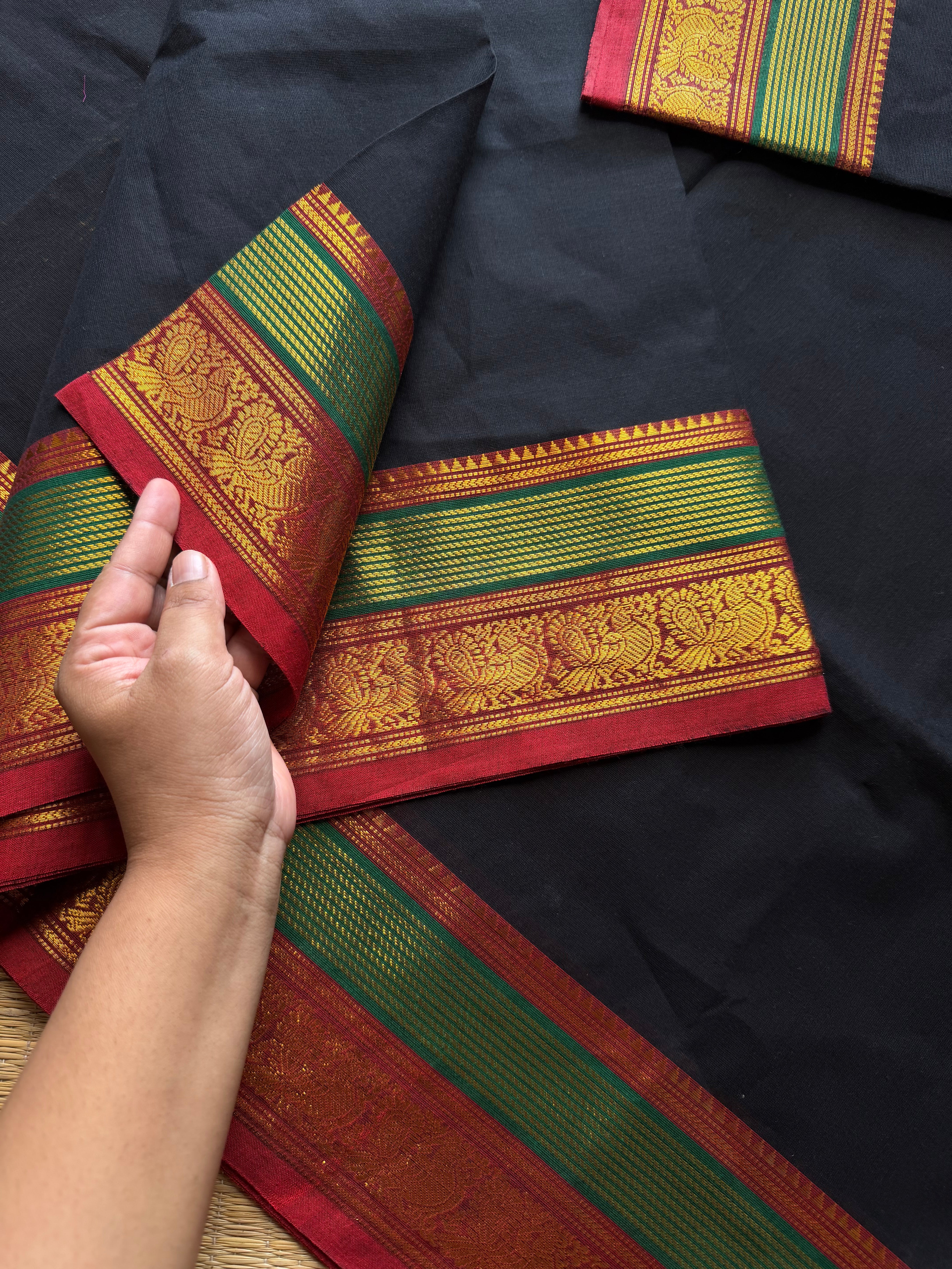 RF519 Black with red and green combination Kanchi cotton saree with unique border