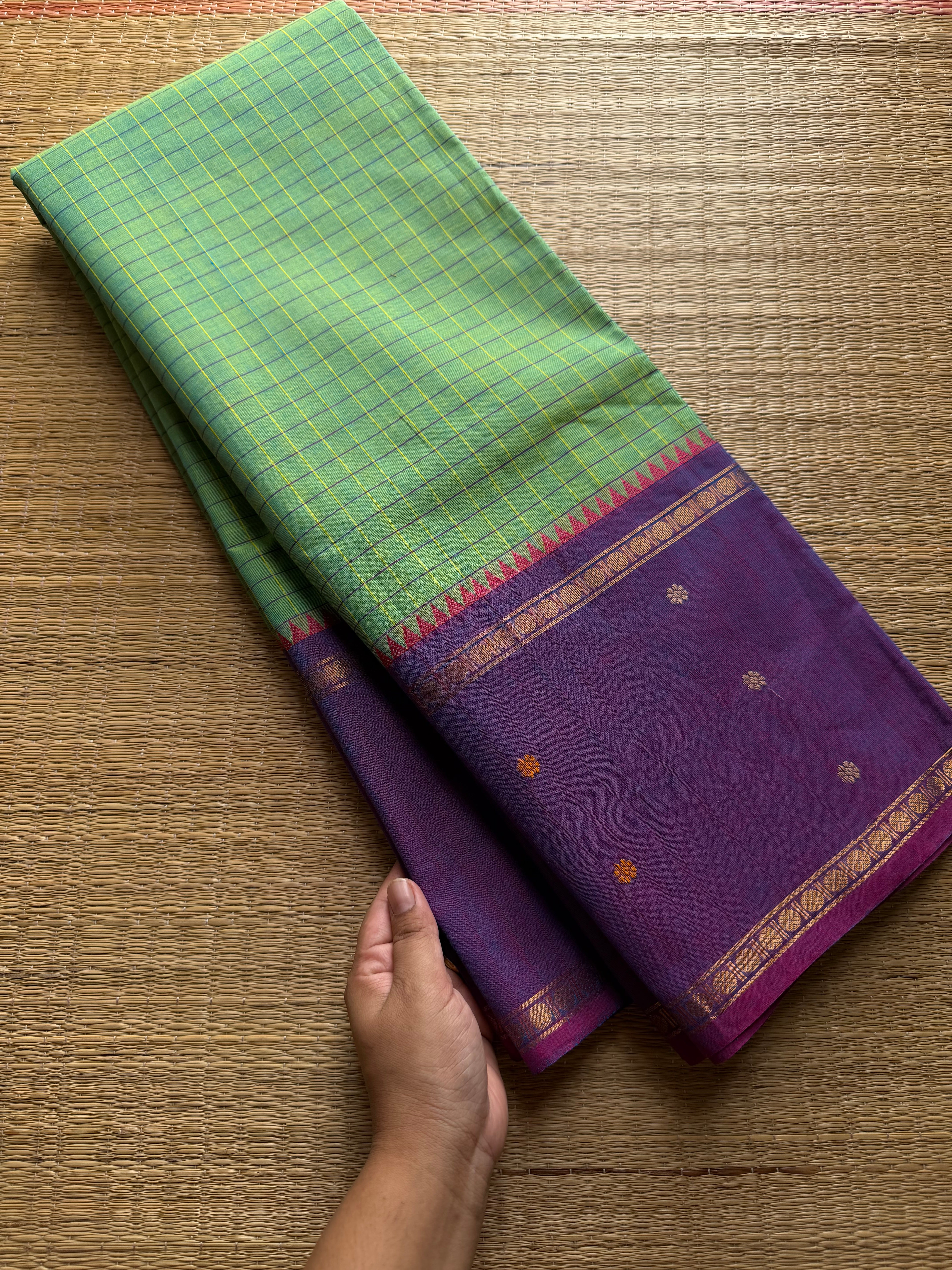 RF558 Dual tone Apple green shade with lavender combination Vintage Border Kanchi Cotton Saree With kattam / checks pattern & handwoven Buttas on the border
