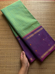 RF558 Dual tone Apple green shade with lavender combination Vintage Border Kanchi Cotton Saree With kattam / checks pattern & handwoven Buttas on the border