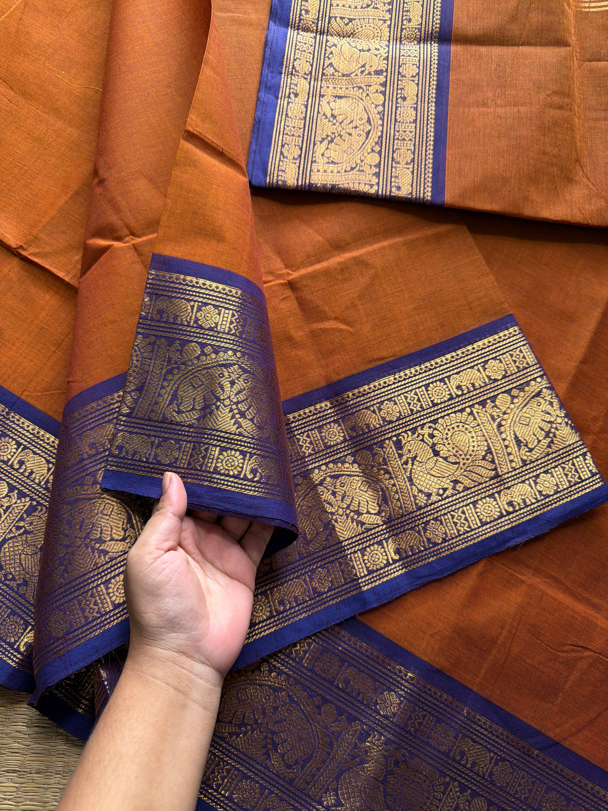 RF384 Dual tone Rust orange with violet combination Kanchi cotton saree