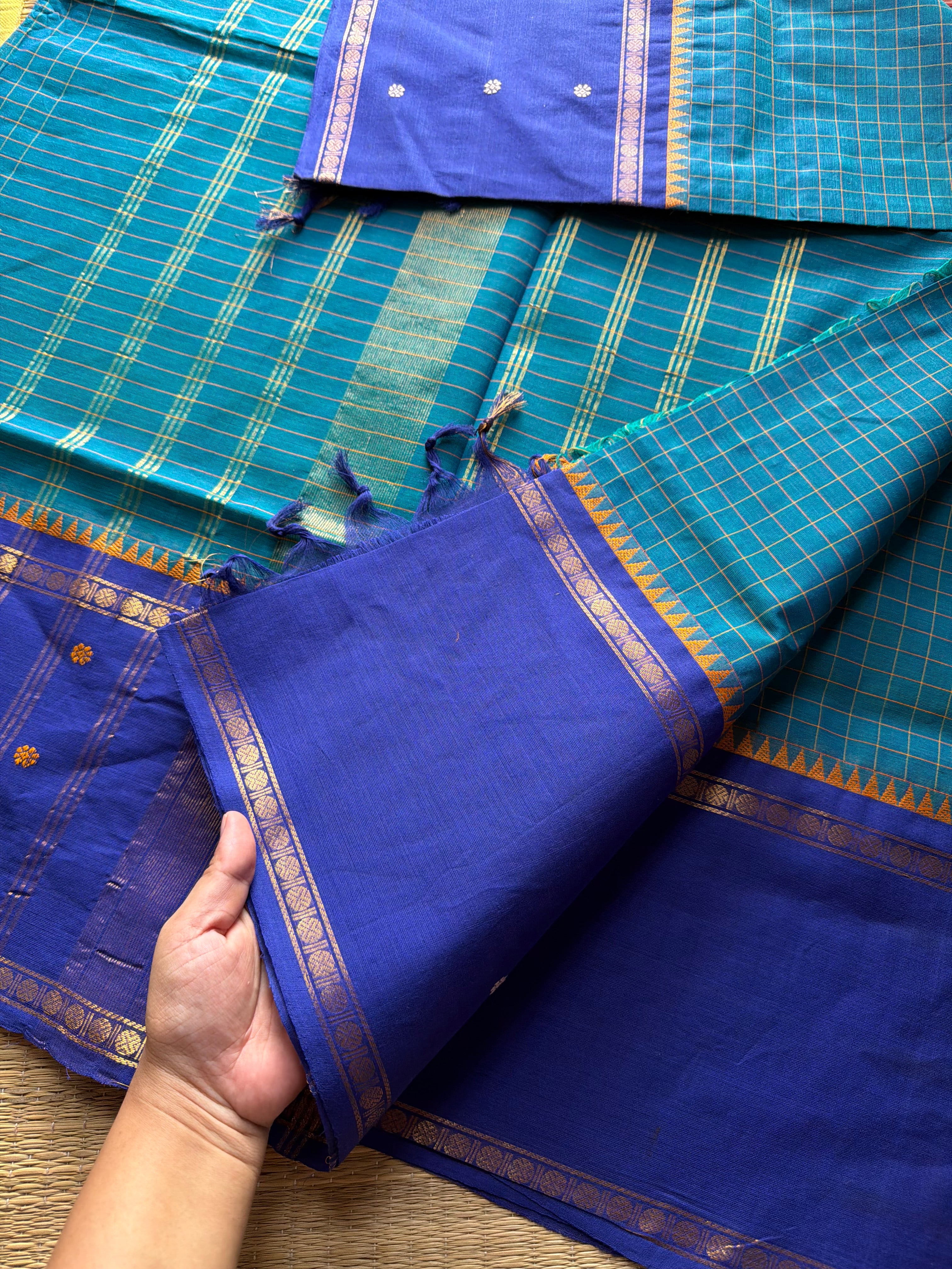 Peacock Blue shade kanchi cotton saree with Vintage Style Border kattam checks pattern & handwoven Buttas on the border