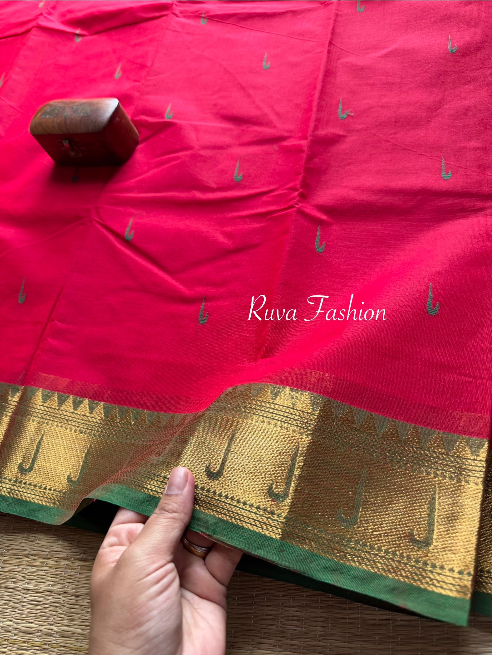 RF46 Red & green combination paithani border Kanchi cotton saree with handmade thread buttas
