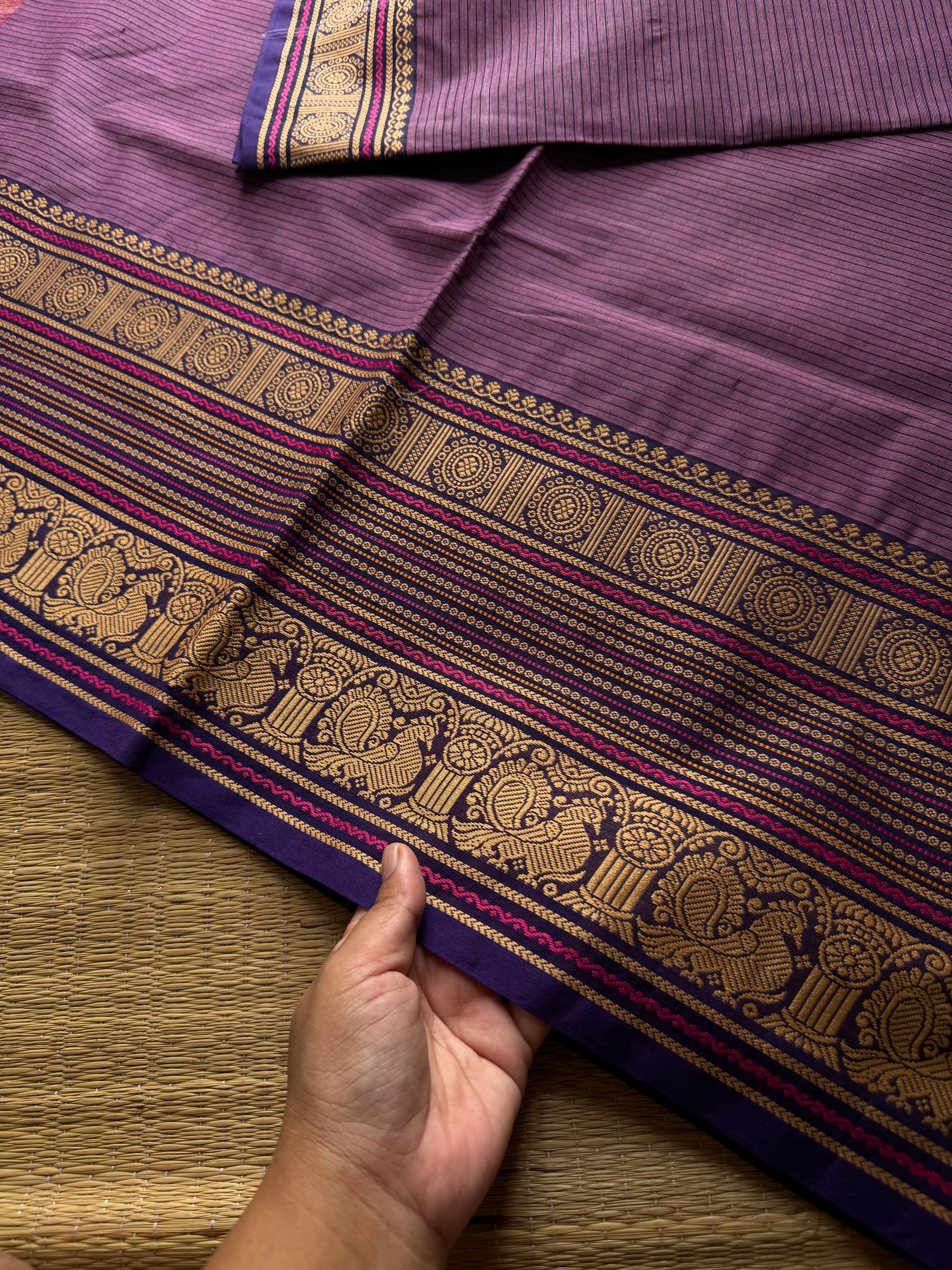 RF909 Lavender ~ Soft Thread border Kanchi cotton saree with small stripped lines pattern