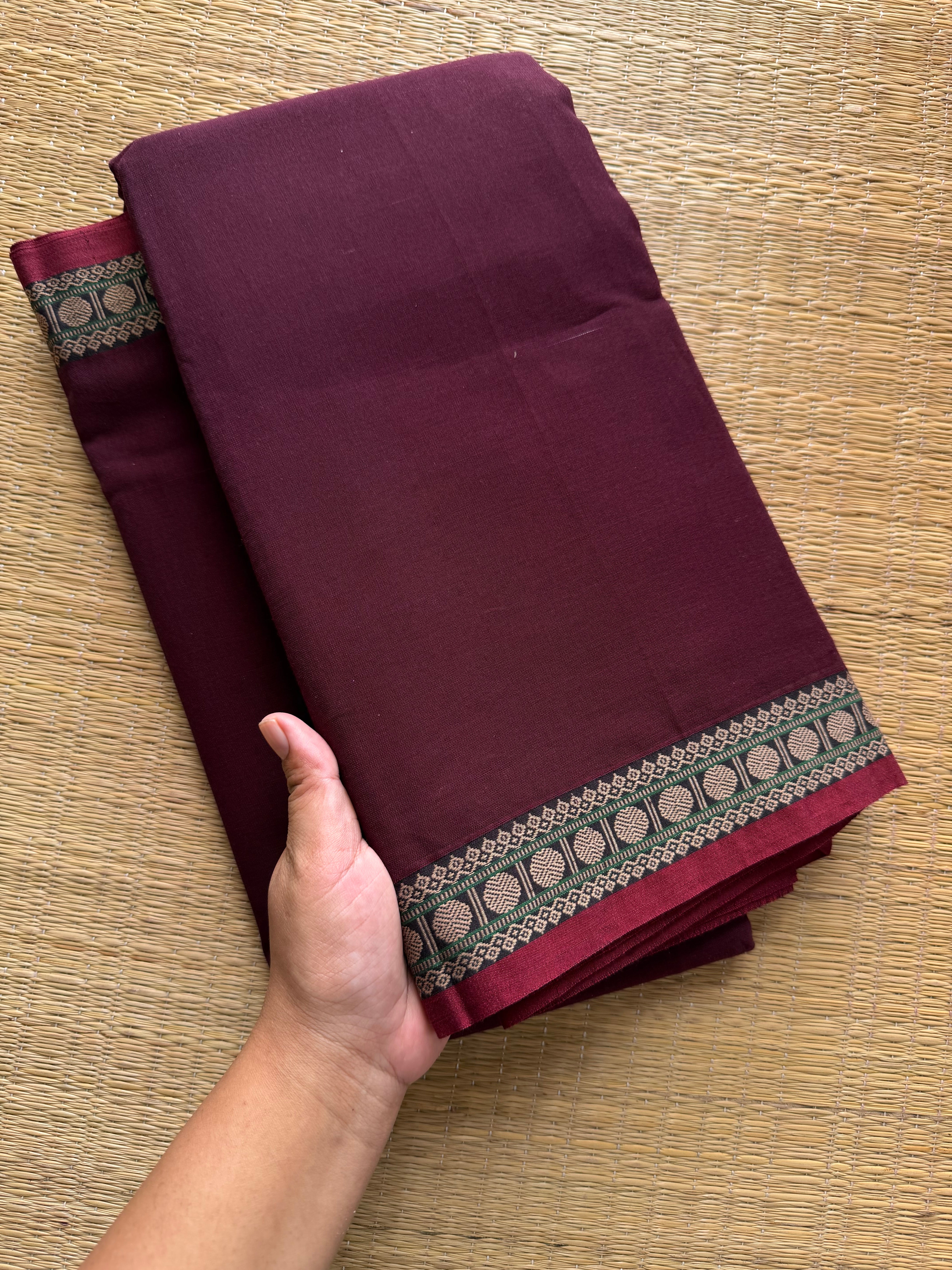 RF431 Dark Maroon Shade Mercerised Narayanpet Cotton Saree With Small Thread Border