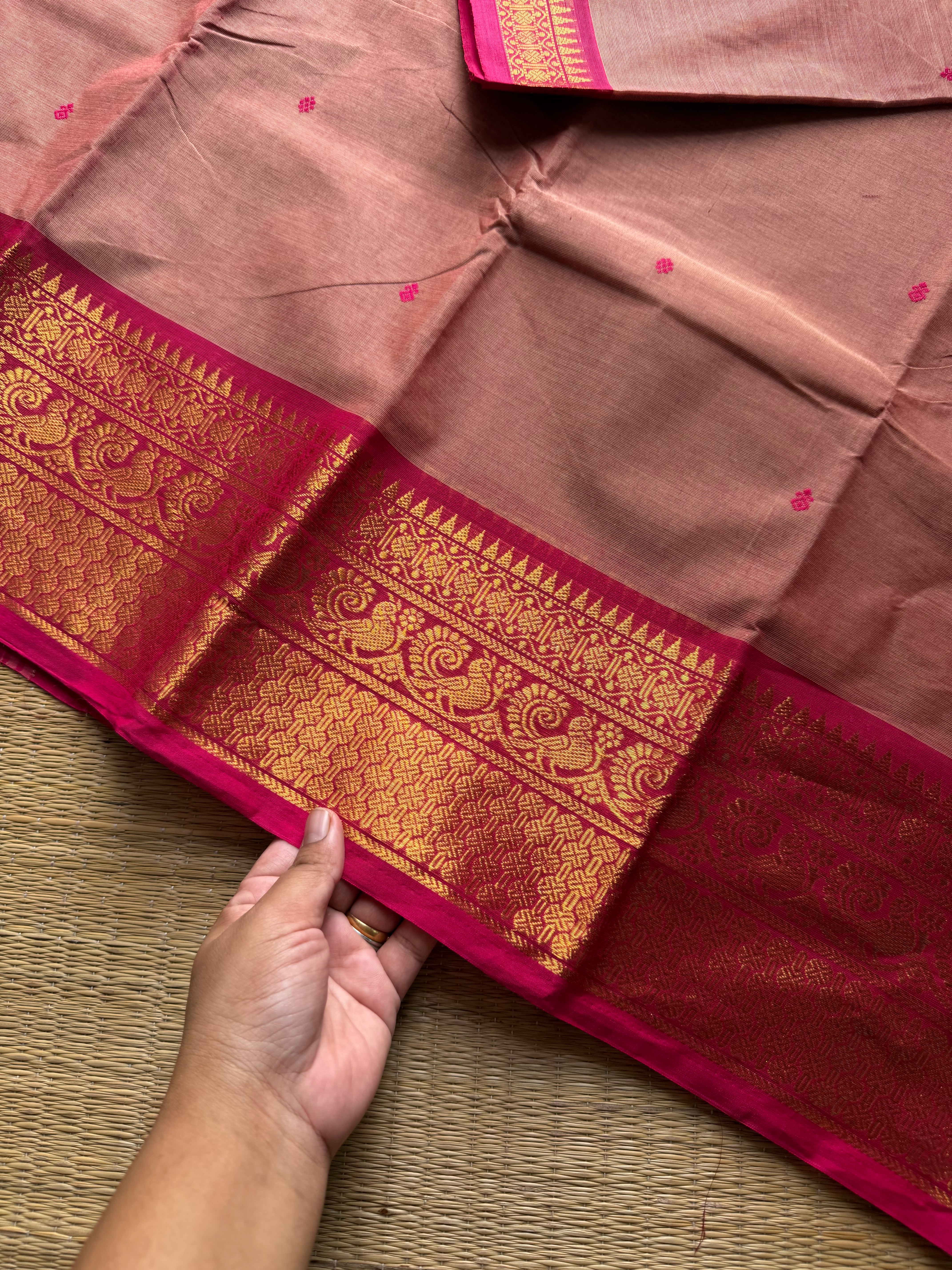 RF1197 Light Onion pink shade Kanchi cotton saree with handmade thread buttas