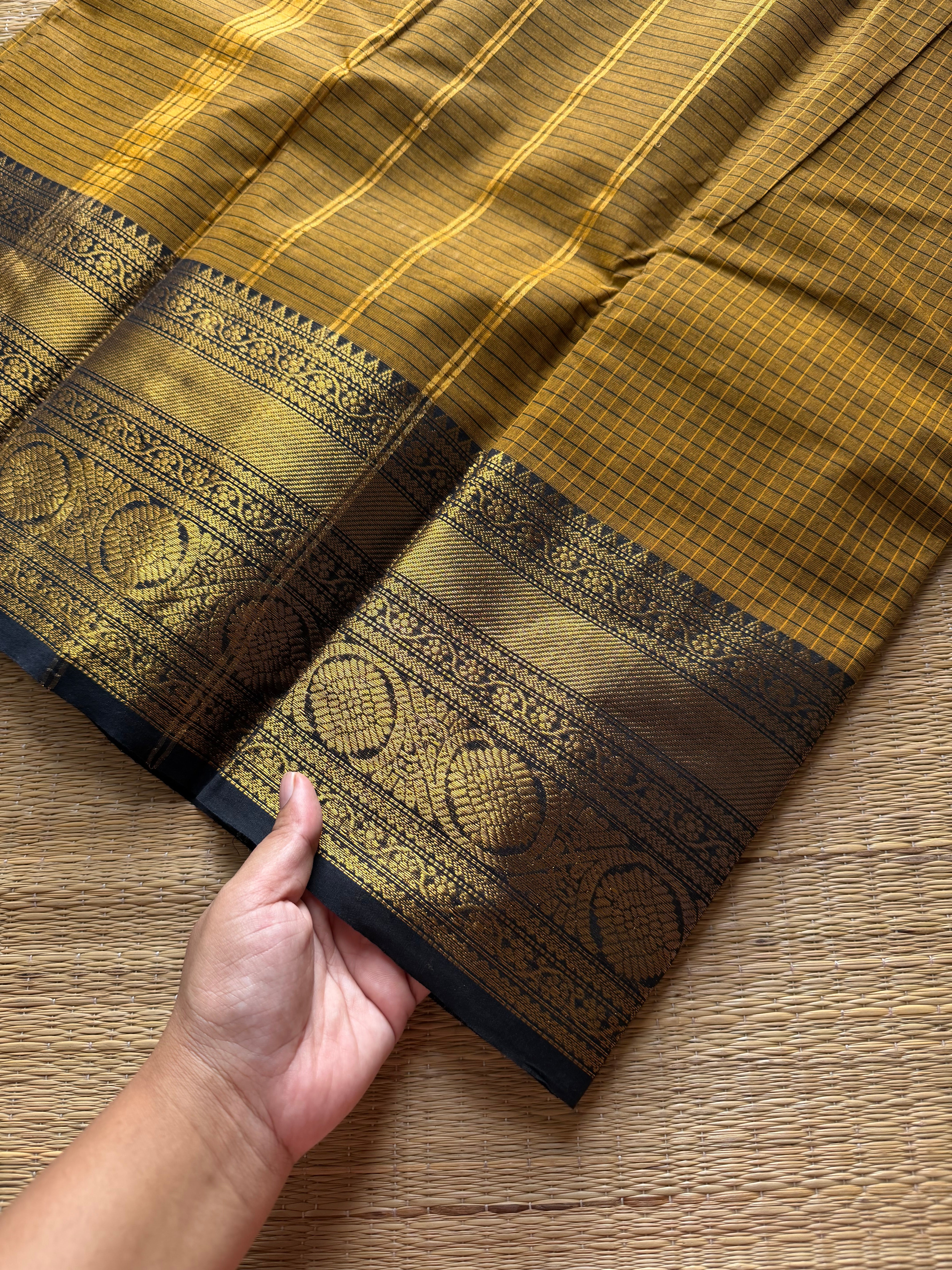 RF867 Vintage Kattam / Checks ~ Mustard yellow with black combination Kanchi cotton saree