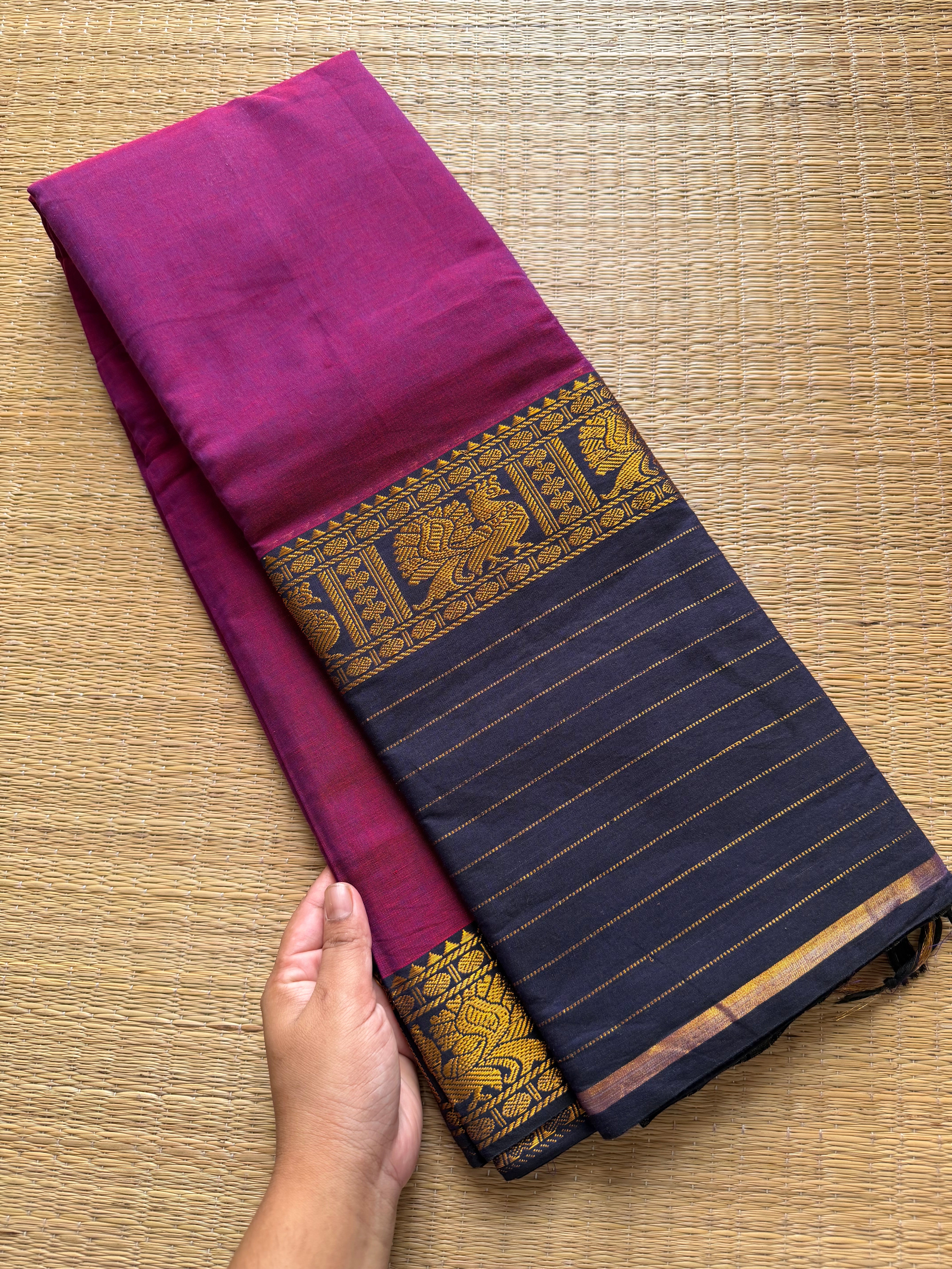 RF617 Magenta pink with blue combination Narayanpet big / long border cotton saree