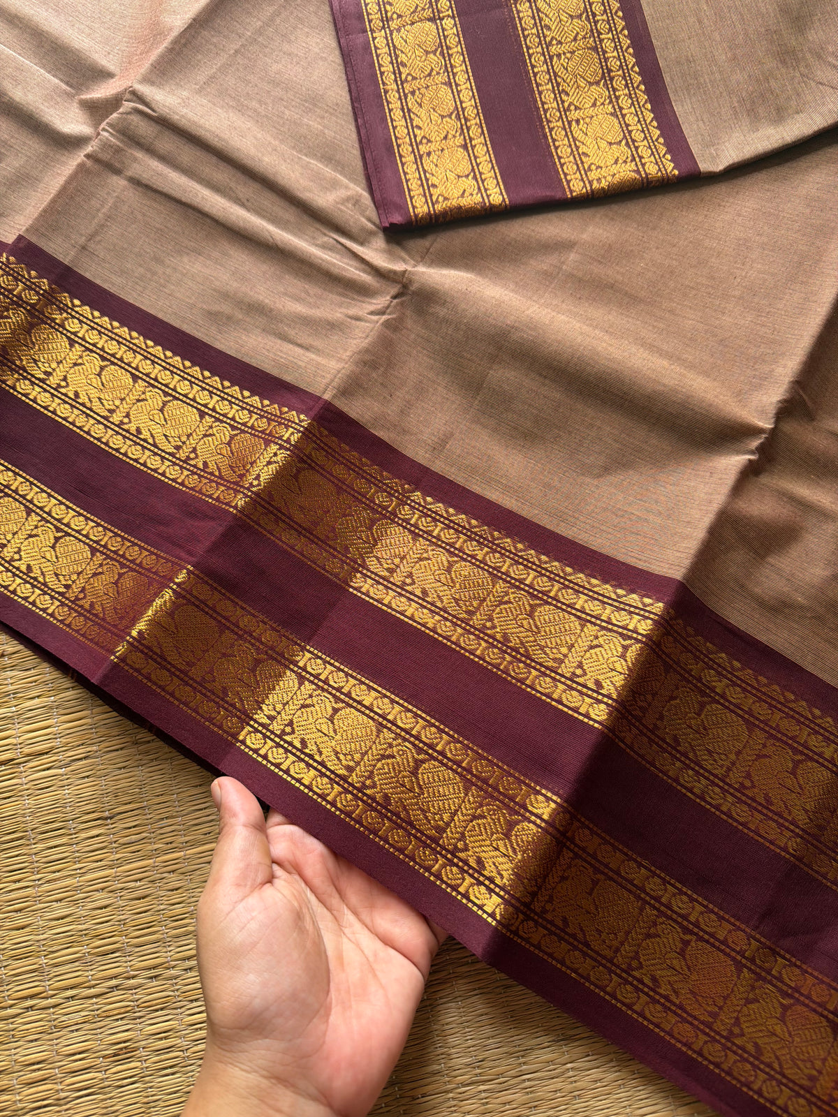 RF507 Biscuit with brown combination Kanchi cotton saree with Annam pattern gap / Rettapet border