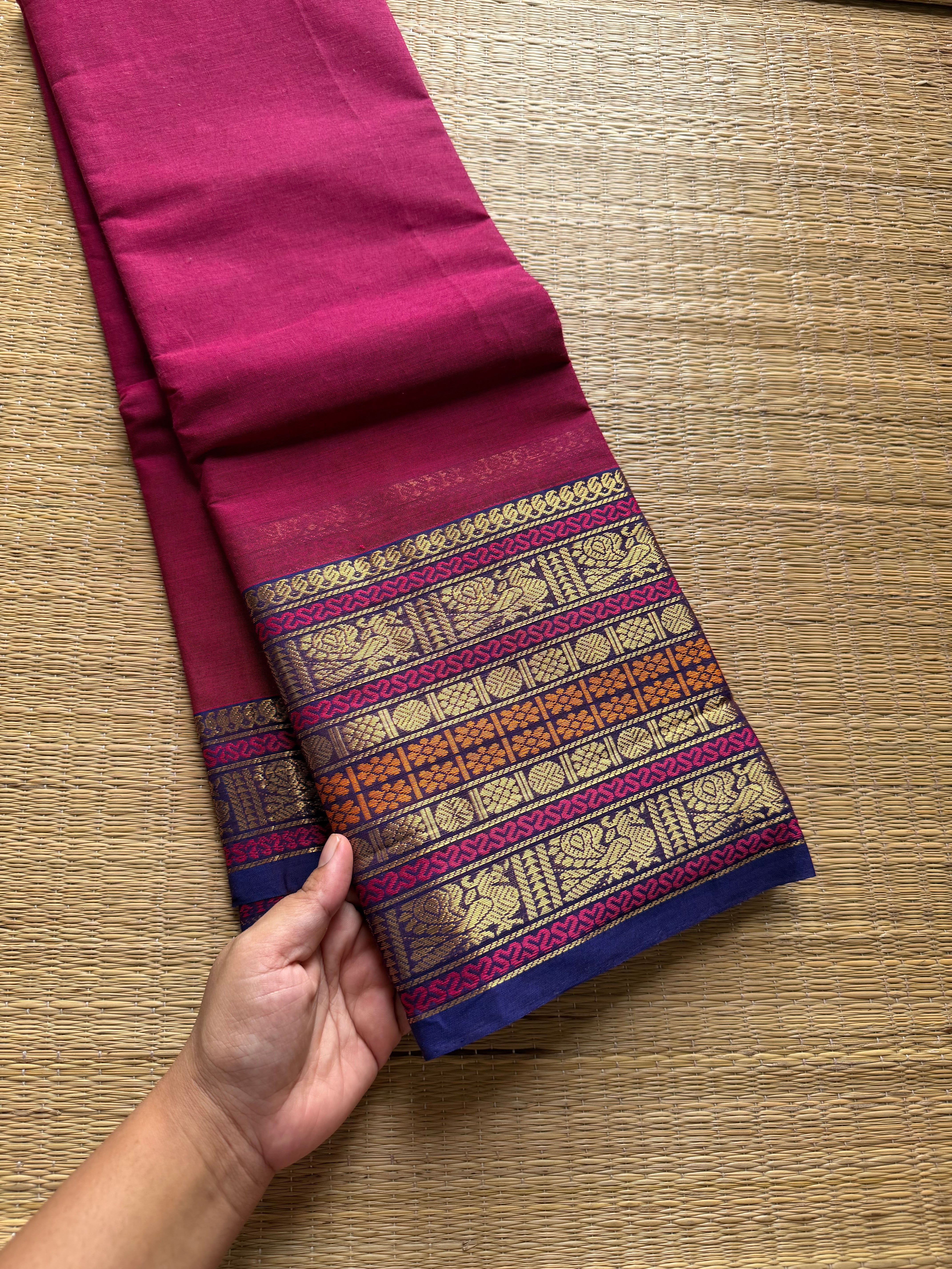 RF528 Magenta pink with contrast royal blue combination silk saree inspired varisaipet border Kanchi cotton saree