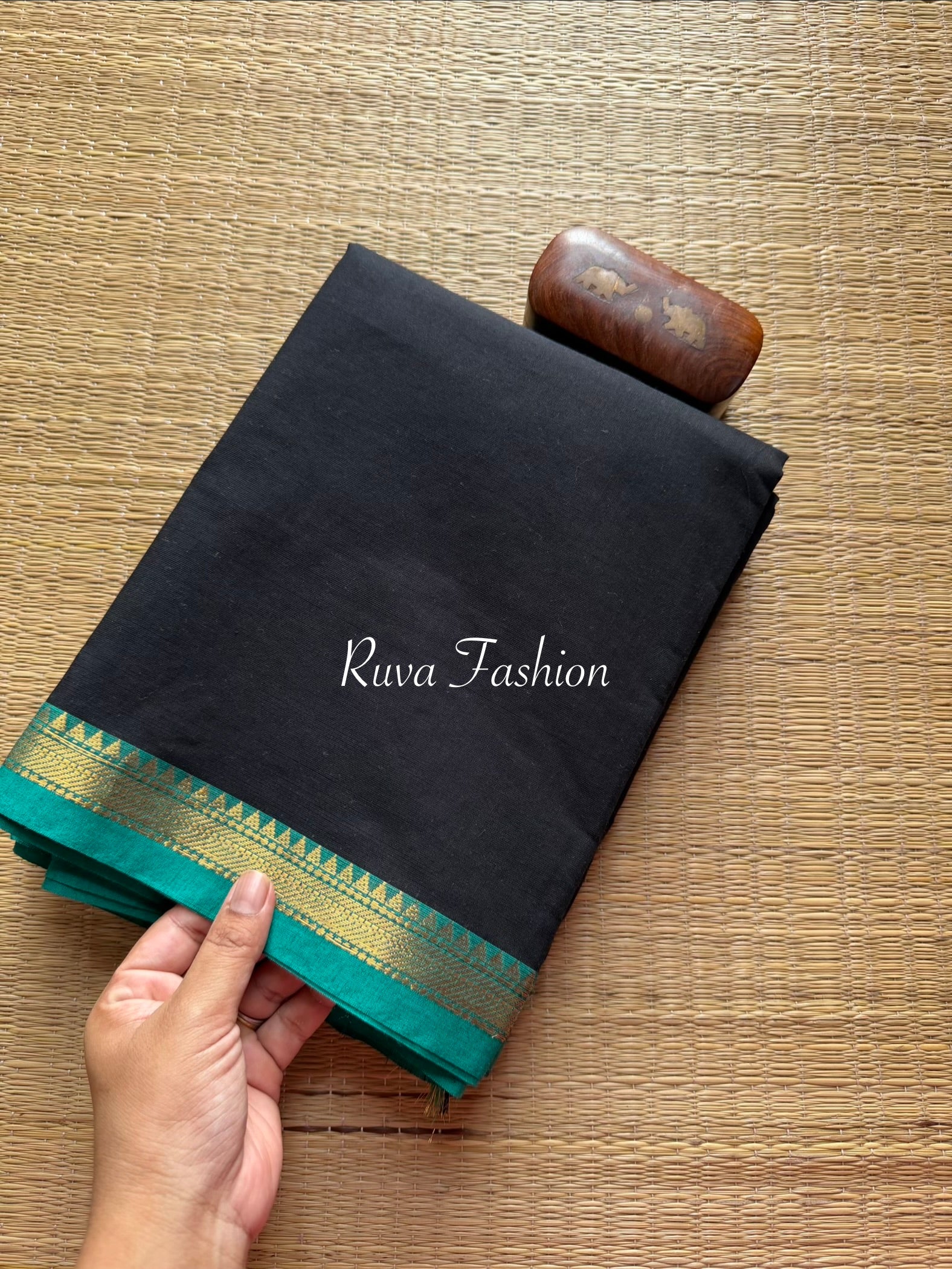 RF84 Black with blue combination small zari border Kanchi cotton saree