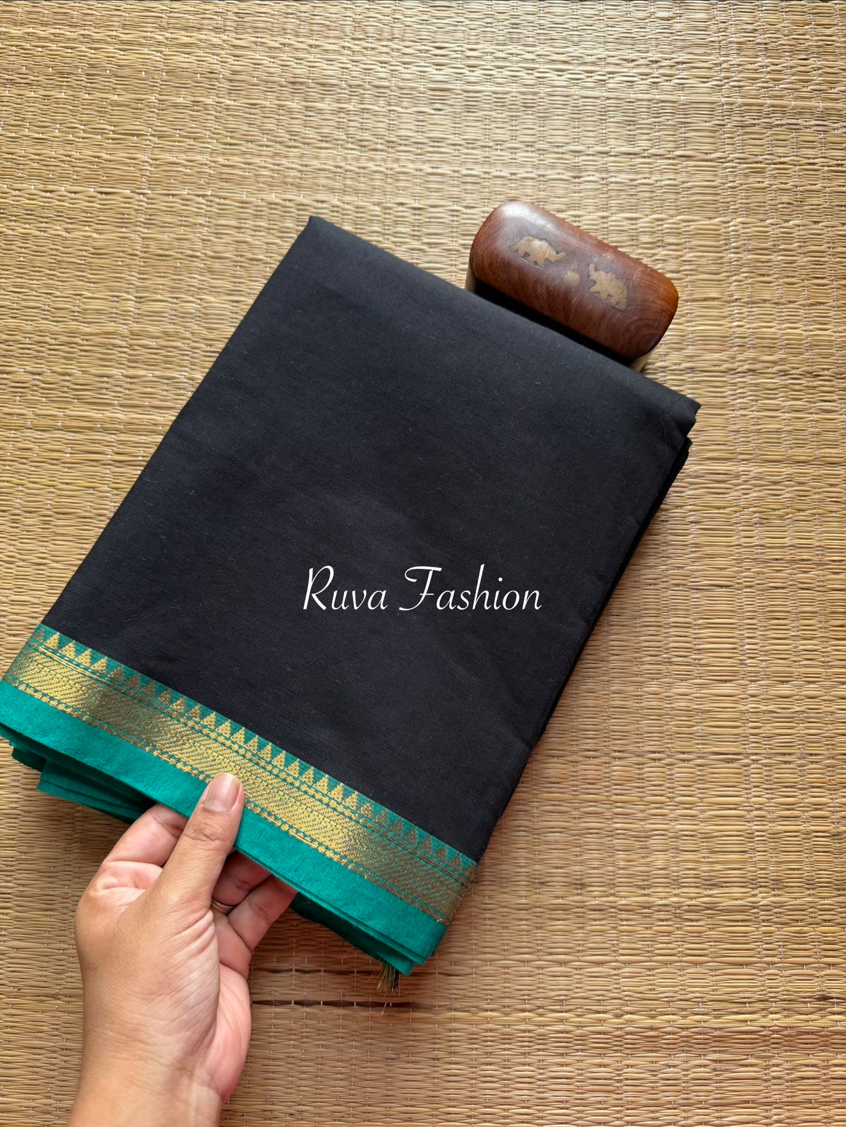 RF84 Black with blue combination small zari border Kanchi cotton saree
