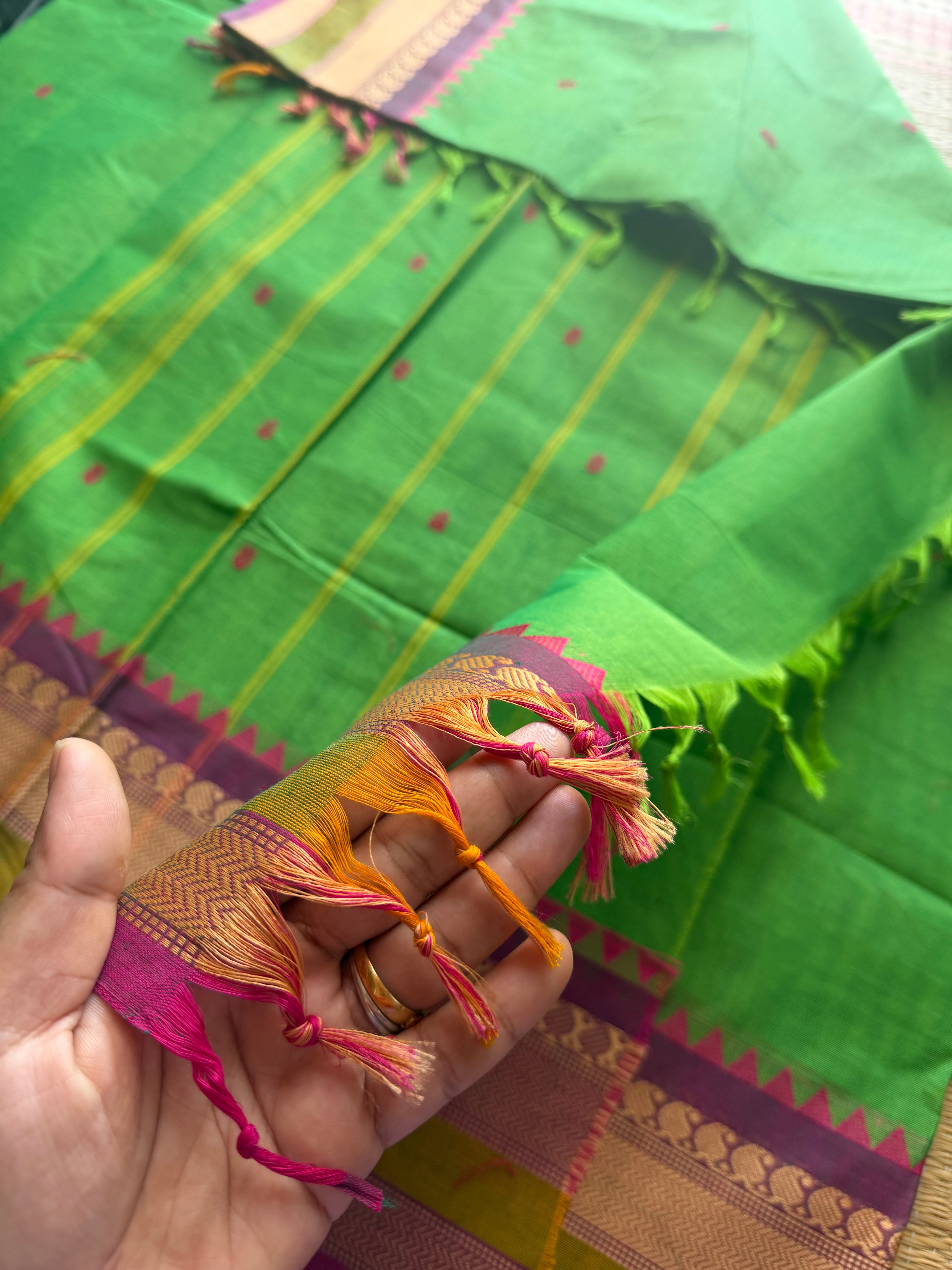 RF250 Green with magenta pink combination Kanchi cotton saree with elegant thread border and handmade thread buttas