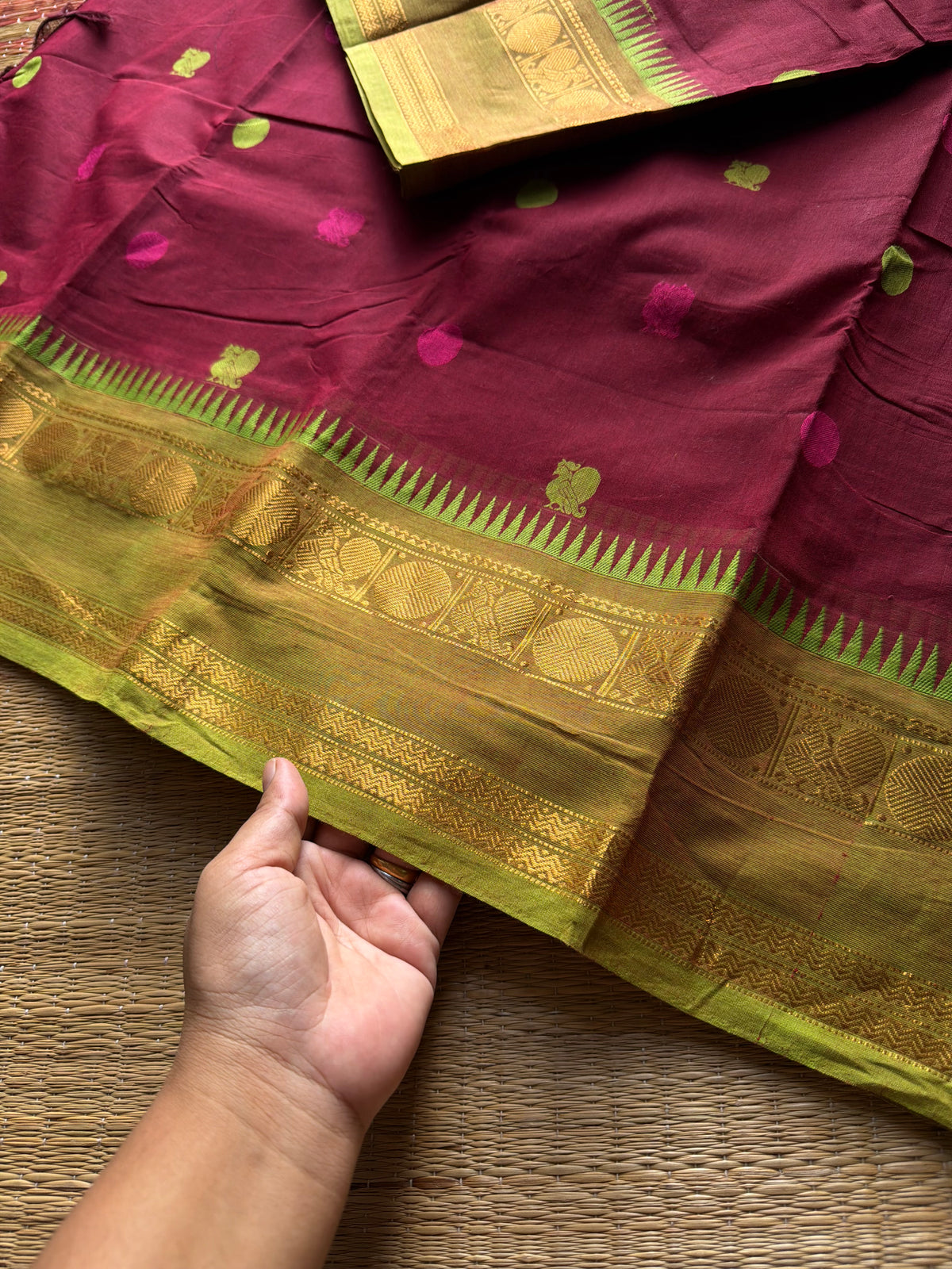 Maroon ~ RF1391 Premium Rich Pallu Kanchi cotton saree with Annam pattern gap border