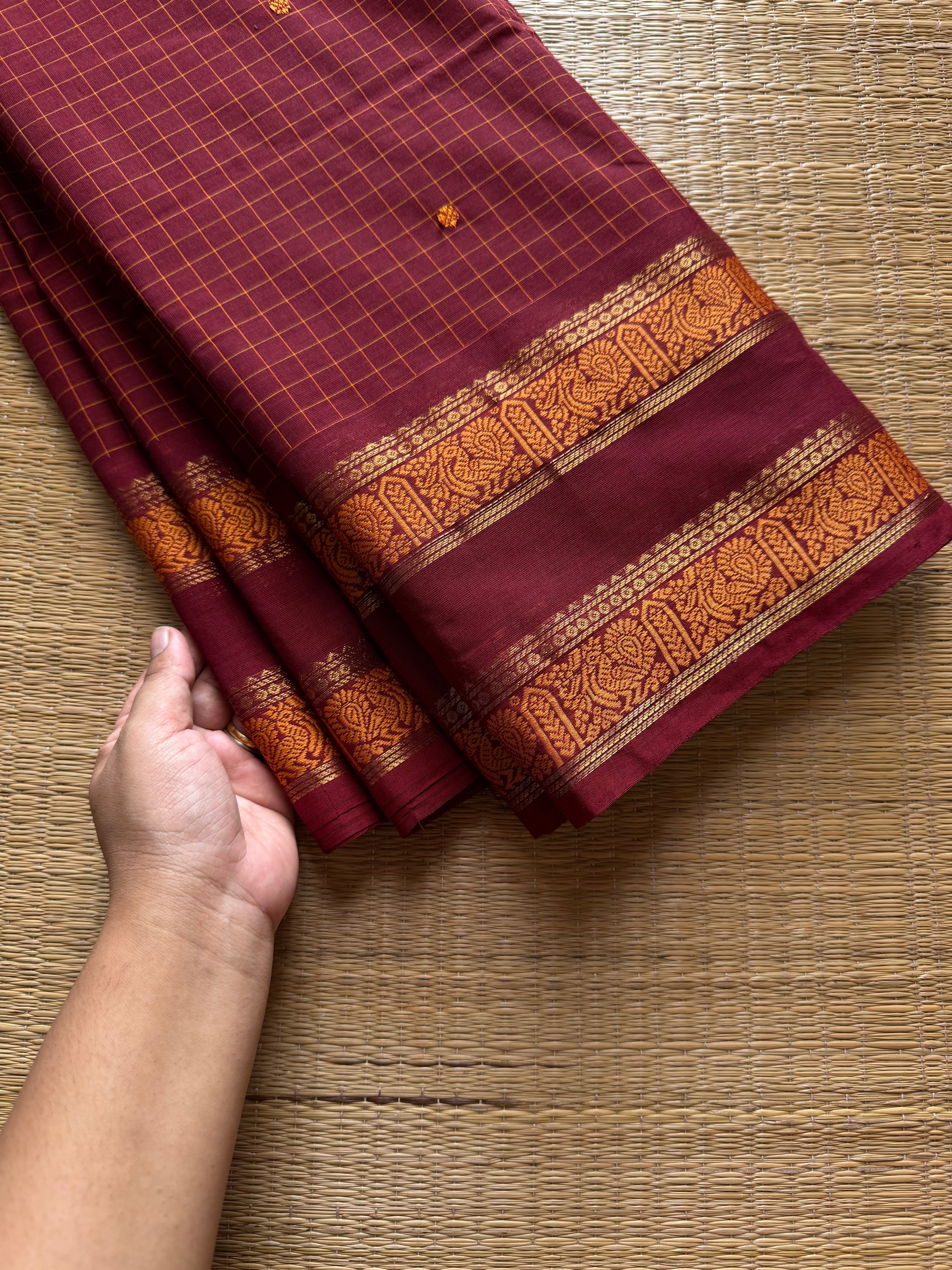 RF553 Maroon Kattam Edition: Kanchi Cotton Saree with Minimal Zari & handmade thread buttas