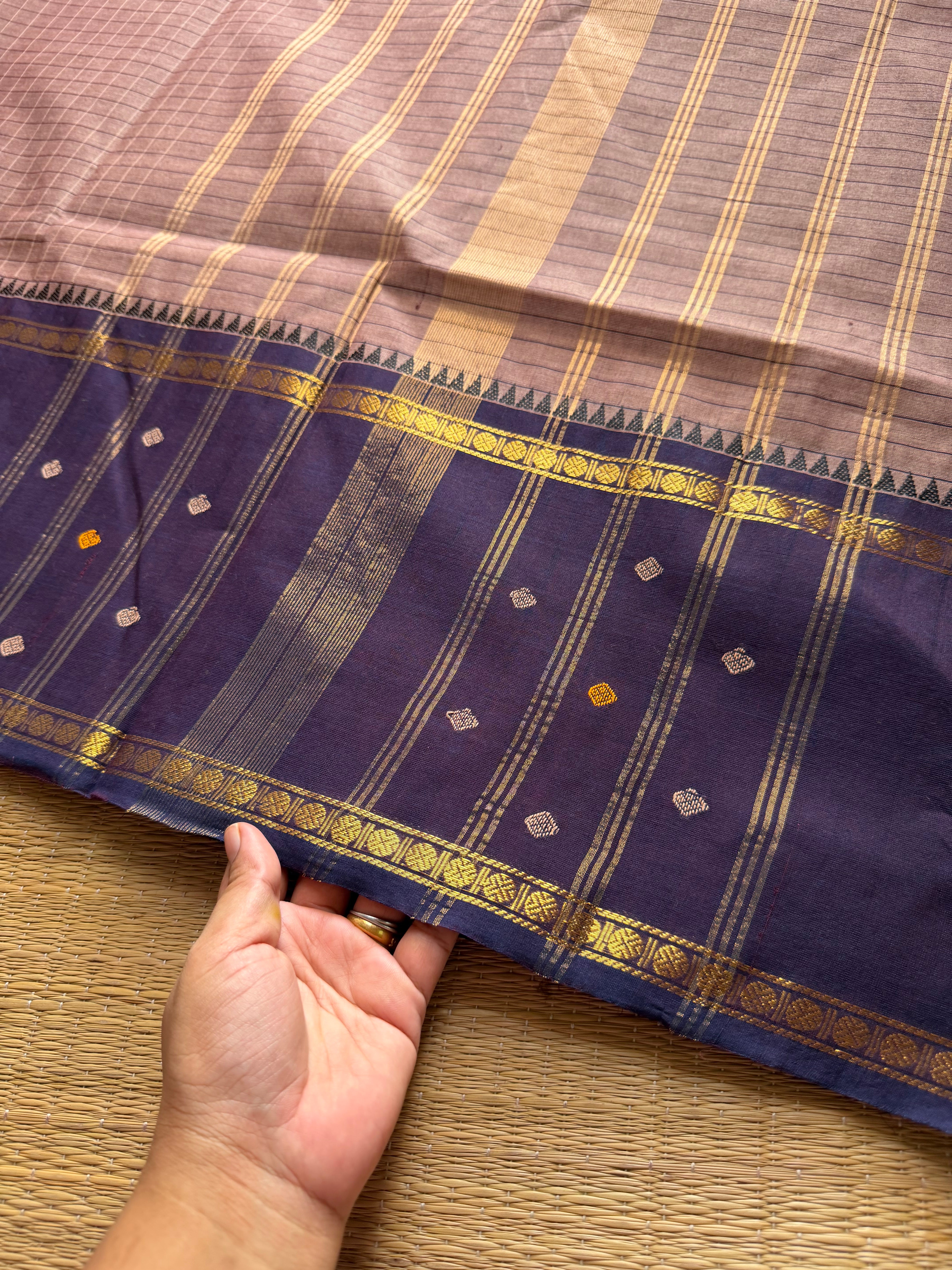 Biscuit shade Vintage Border Kanchi Cotton Saree With kattam / checks pattern & handwoven Buttas on the border